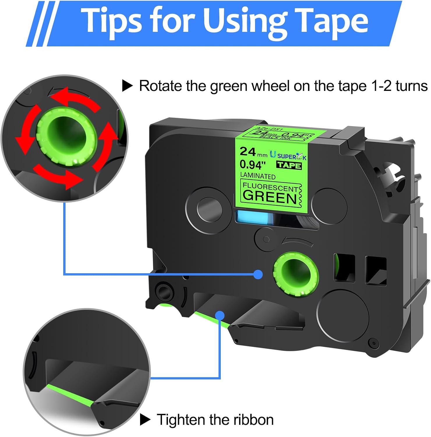 6 Pack TZe-D51 24mm 0.94 Laminated Green Tape Compatible with Brother P Touch Label Tape 1 inch TZe TZ-D51 TZeD51 Black on Fluorescent Green TZe TZ Label for PT-D600 PT-D610BT PT-P700