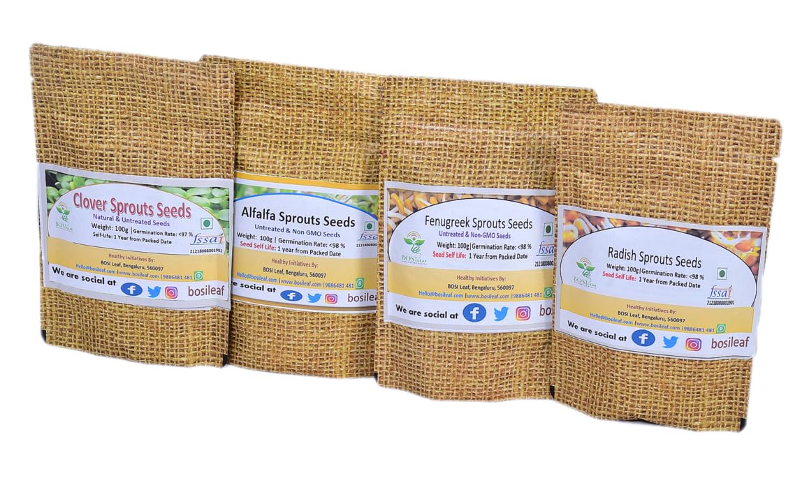 4 Variety of Microgreens Sprouting Seeds: Alfalfa, Clover, Radish, Fenugreek | Grow Your Own Super Salad | 100g x 4
