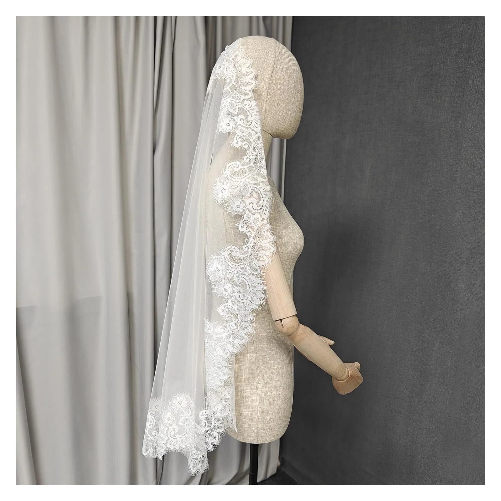 Schleier mit Wimpernspitze, einstöckig, 1 m/1,5 m/2 m, Hochzeit, mit verstecktem Kamm, elfenbeinfarben, Brautschleier(Ivory 150cm long)