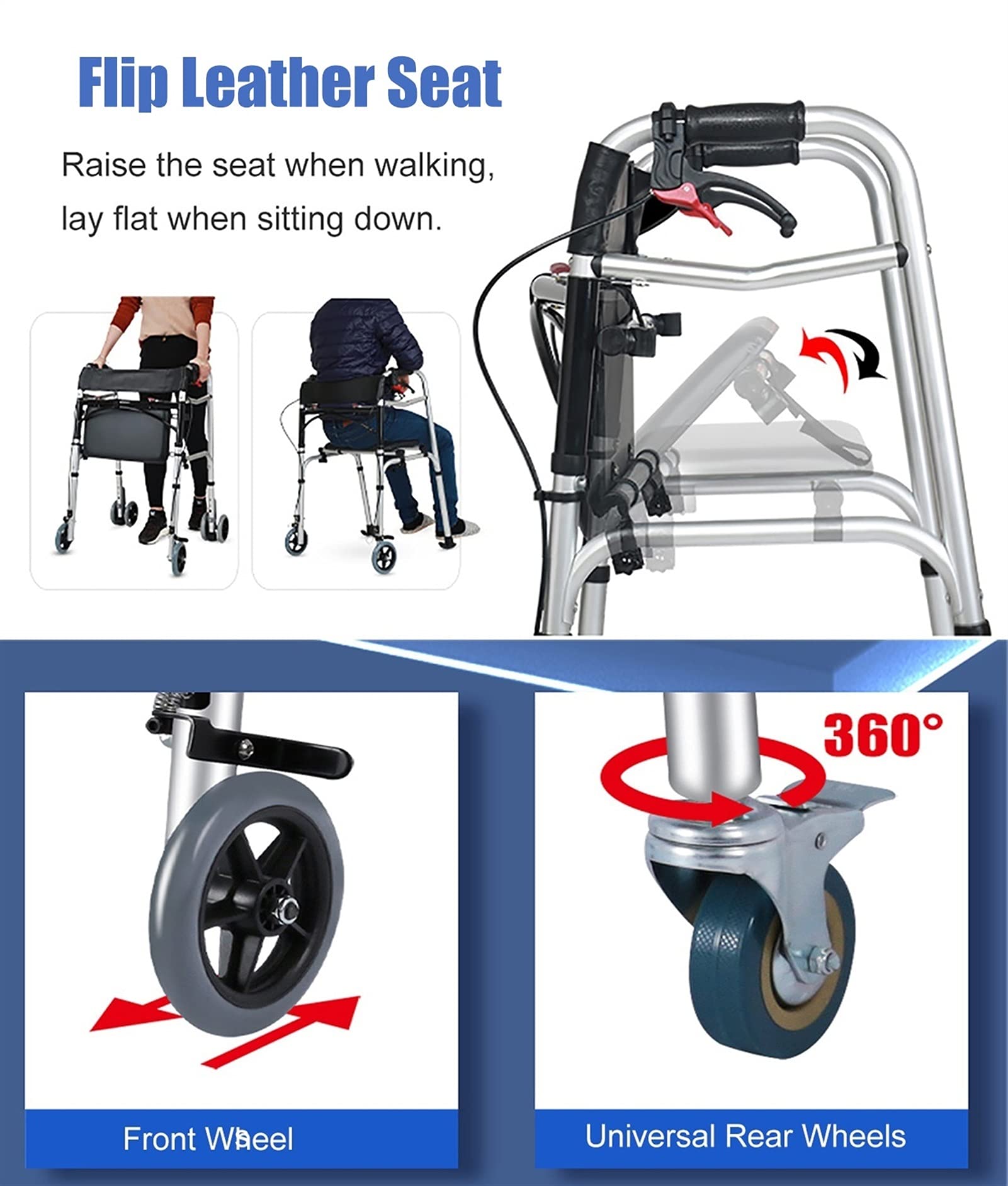 Chodzik Rollator z siedziskiem i hamulcami Składany lekki, aluminiowy chodzik dla osób w podeszłym wieku/niepełnosprawnych, przenośne siedzisko prysznicowe, wewnątrz na zewnątrz (kolor: 4 koła)