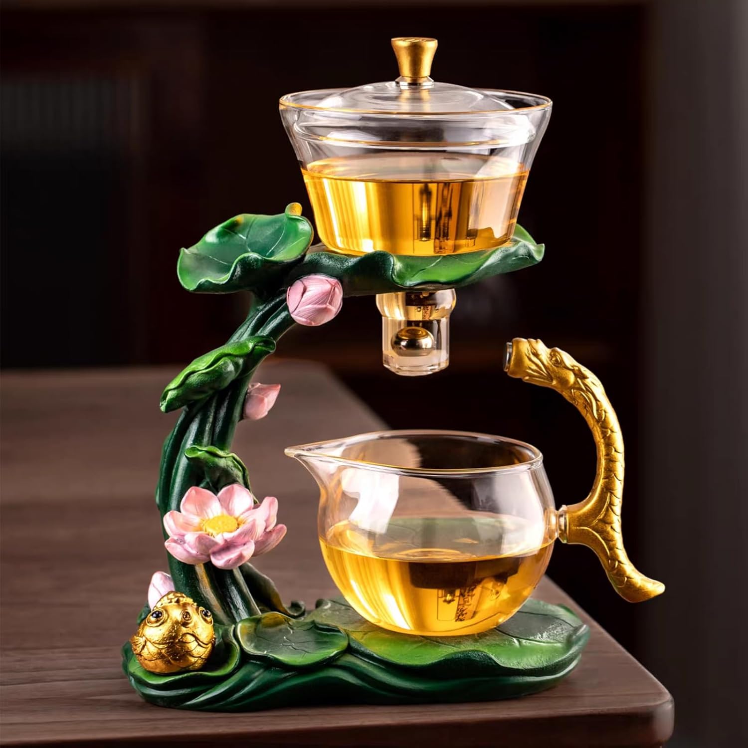 Glass Teapot with Infuser Chinese Gongfu Tea Set,6 cups,Magnetic Semi Automatic Design for Loose Leaf Tea