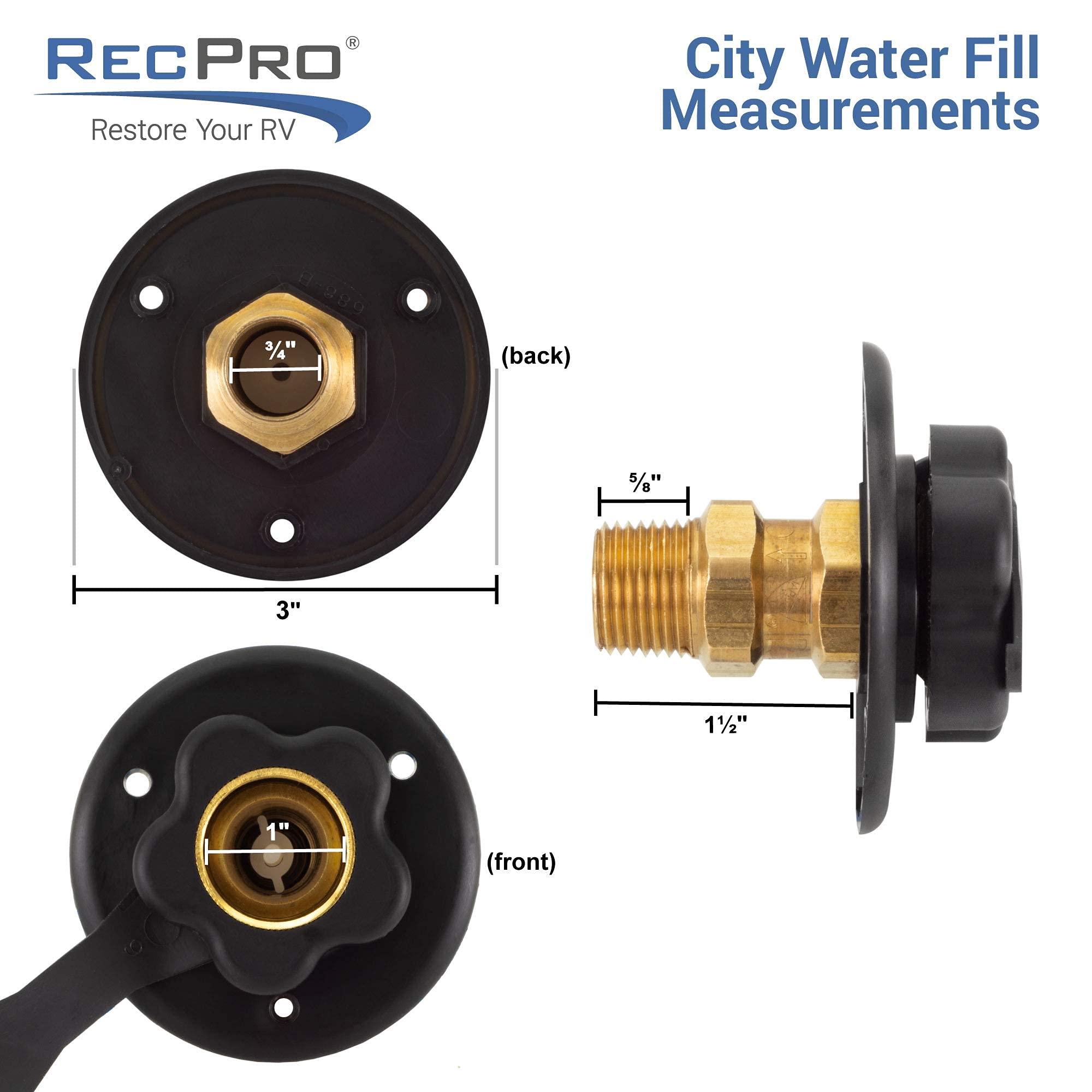 RecPro RV City Water Fill Inlet Black Optional Hose Elbow Flange Brass with Check Valve