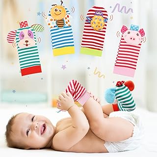 Soft Baby Toy, Foot Finder Rattle Socks, Cotton Infant Crew Socks, Foot/Leg/Ankel Rattle Newborn Baby Rattle Toys, Cartoon Printing Toddler Sock with Grips Baby Socks for Infant Boy or Girl(4PCS-FB)