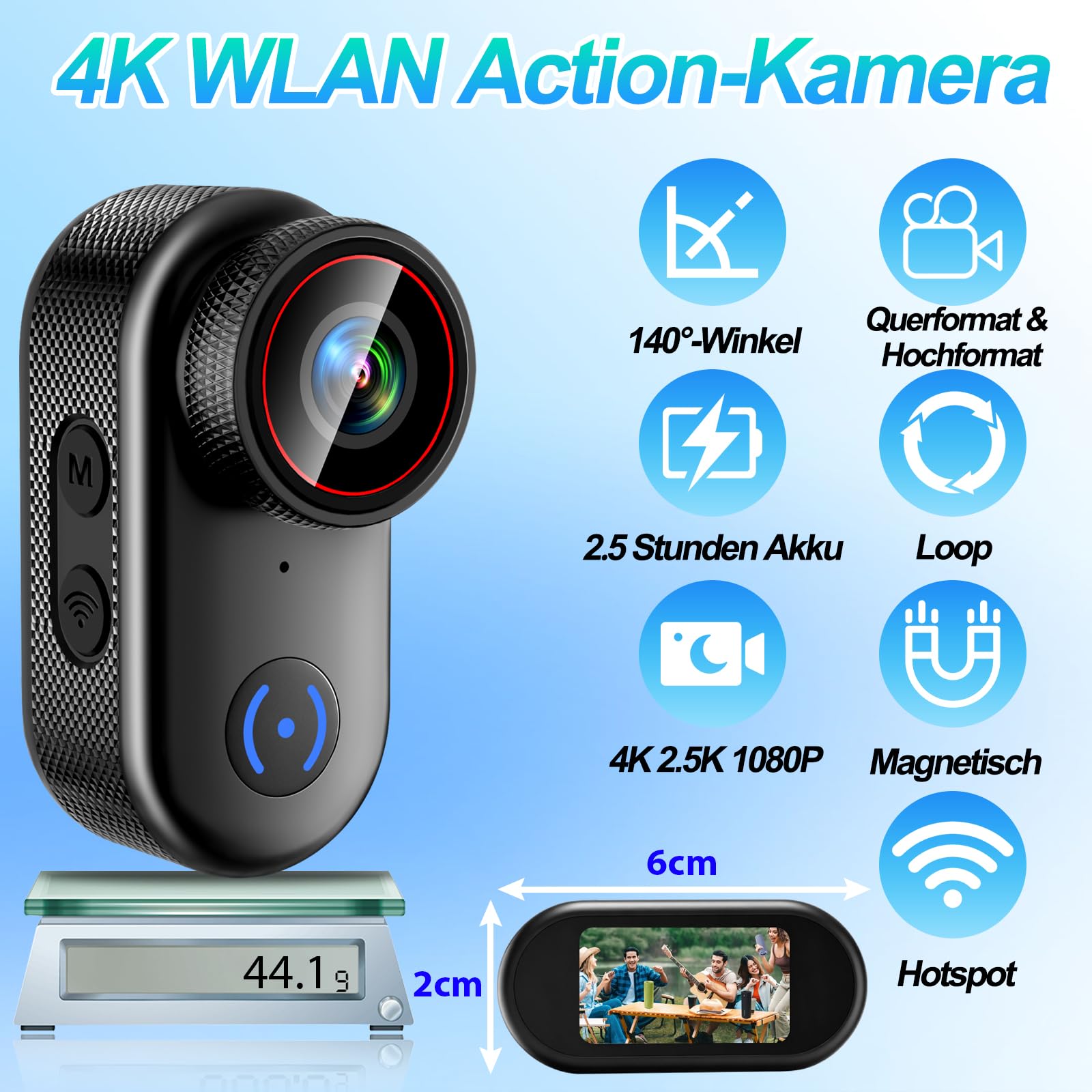 Mini Action Kamera 4K 44g Helmkamera Bodycam Motorrad Outdoor | 1,47 Zoll Display, Vertikalmodus, 140° Weitwinkel, IP65, Nackenband, für Helm Lenker Rucksack