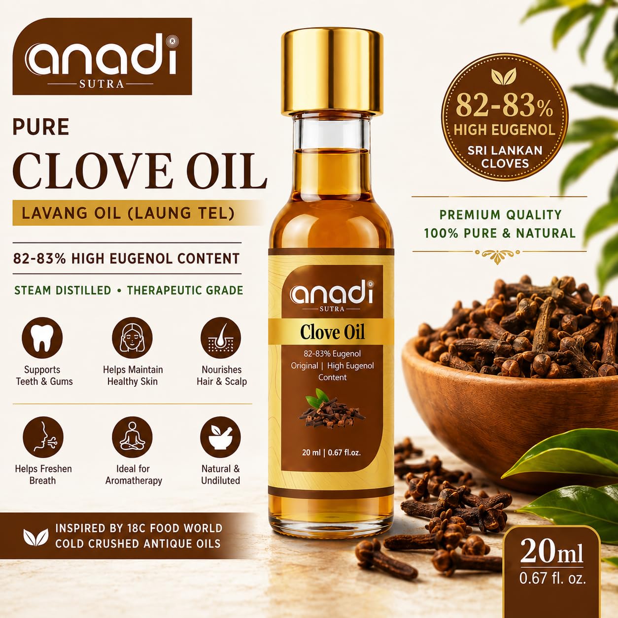 Anadi Sutra Pure Clove Essential Oil 20ml | Natural Lavang Oil (Laung Tel) | Lab Tested 75β80% Eugenol Sri Lankan Clove Oil | Undiluted Oil for Teeth, Gums, Oral Care, Skin, Hair, Acne & Aromatherapy