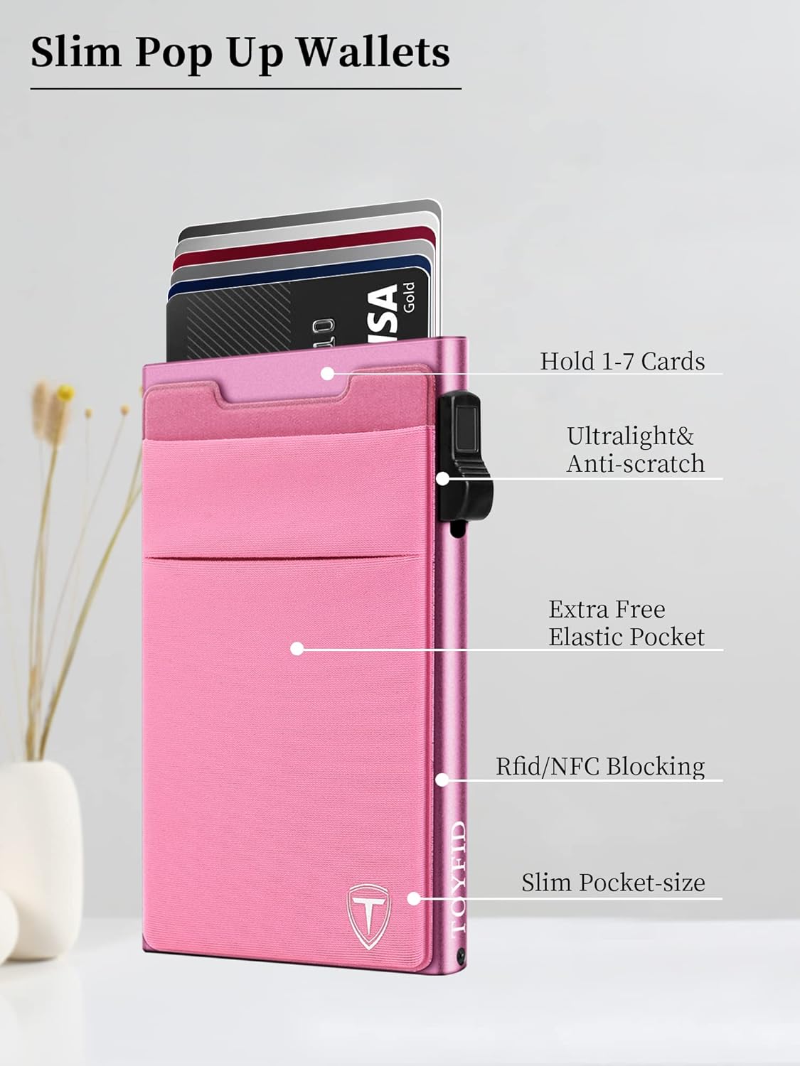 Slim Front Pocket Wallet,Pop Up Card Holder Wallets for Men and Women Aluminum Compact Wallets with RFID Blocking,Small Ultralight 6-12 Card Capacity Metal Wallets,Pink - Image 7