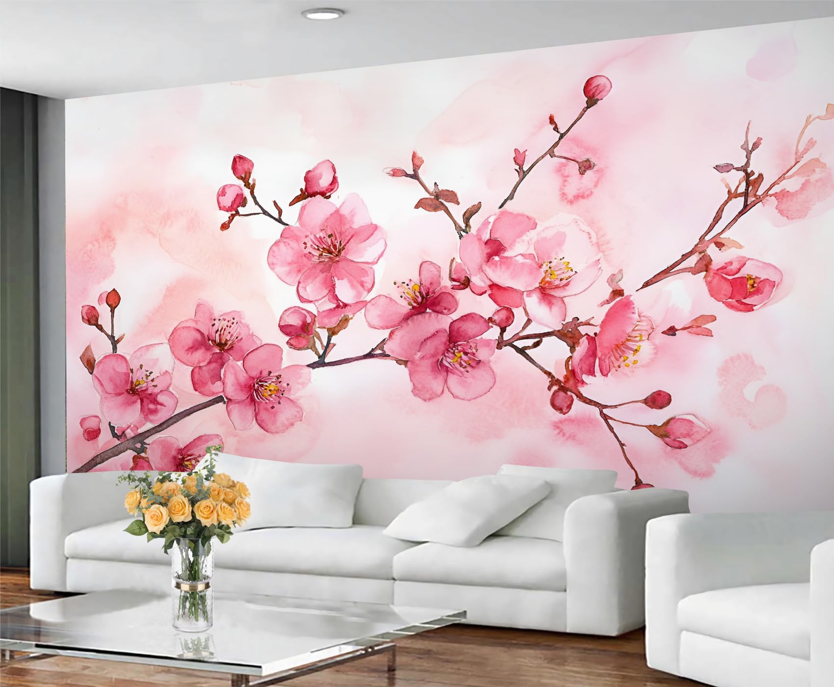 GIVLWF Wallpaper - Cherry Blossom Home Decor & Mural, Pink Japanese Bedroom Wallpaper, Watercolor Florals Wall Paper for Living Room, Large Wall Mural (Not Self-Adhesive)