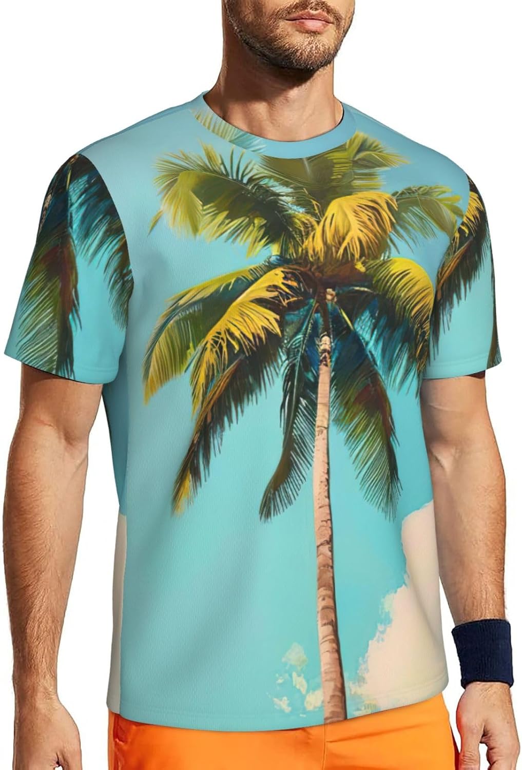 Palm Tree Print Mens Short Sleeve Mesh T-Shirt Breathable Athletic Gym Running Casual Sports Wear