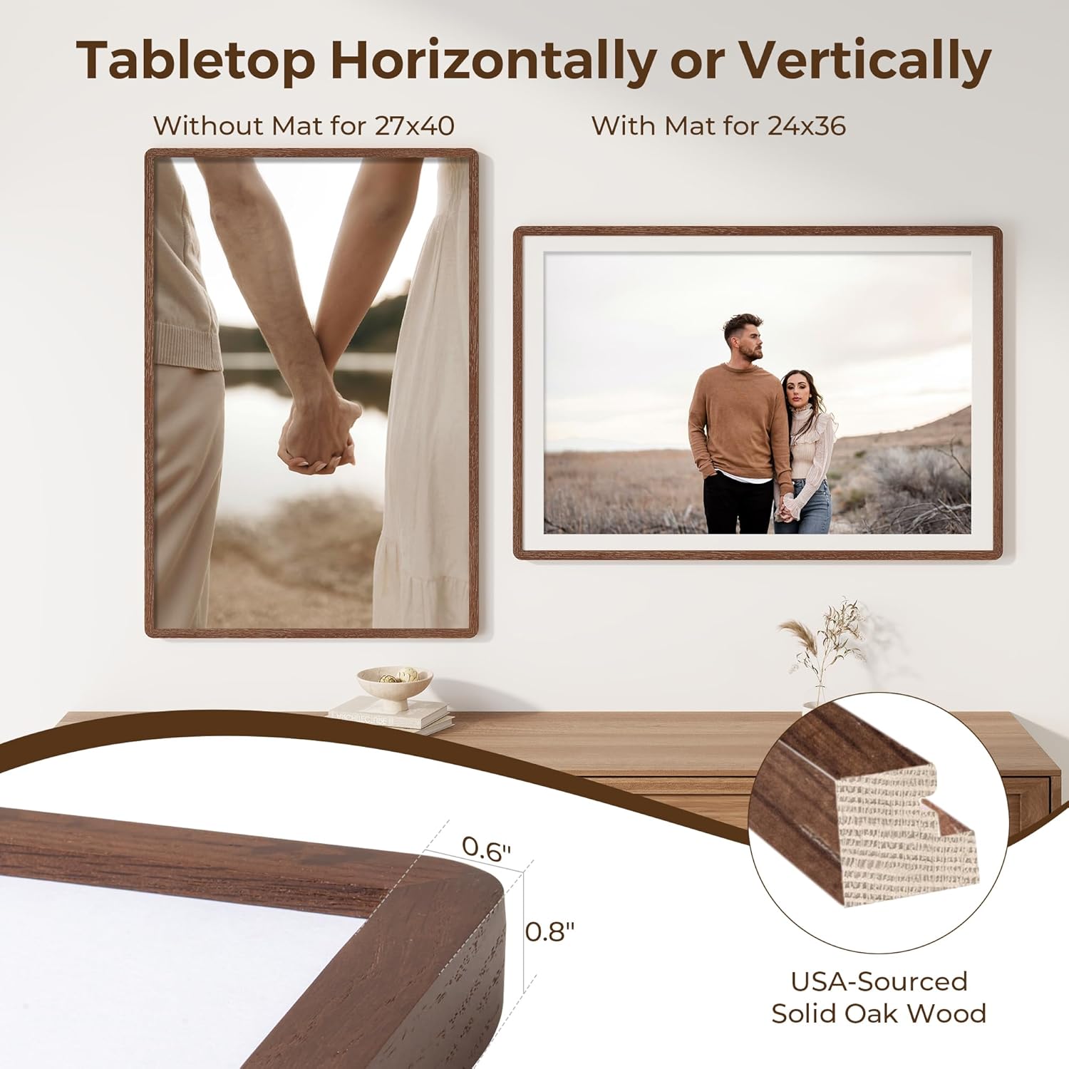 27x40 picture frame, 27 x 40 poster frame - solid oak wood, 27 by 40 frame with tempered glass, rustic wooden 27"x40" frame with mat for 24"x36", minimalist 27x40 frames for wall, walnut color, 1 pack walnut, round corner 27 x 40 - 1p