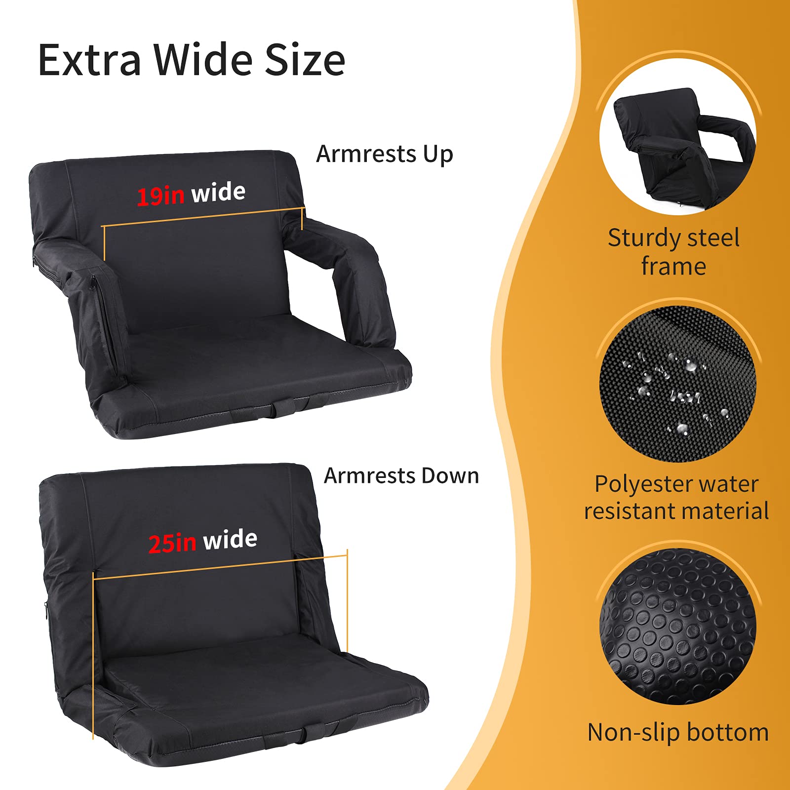 Uekars Extra Wide Heated Stadium Seats for Bleachers,25'' Heated Bleacher Seat with Back Support,6 Reclinng Positions Foldable Portable Stadium Chair for Sports,Games,Camping -USB Battery Not Included