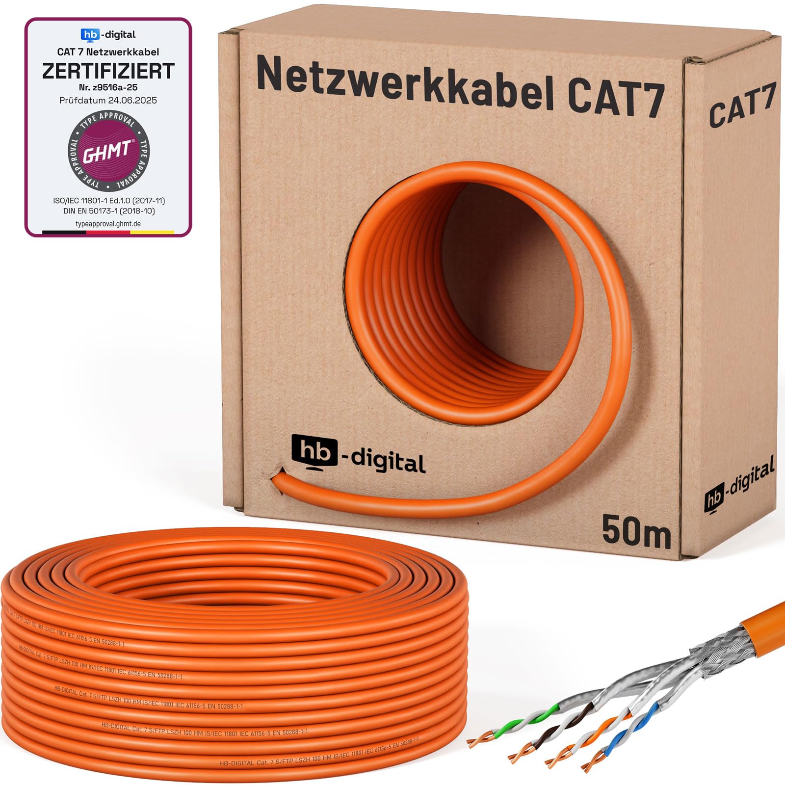 HB-DIGITAL 50m Câble Réseau CAT 7, RJ45 S/FTP PiMF, Câble Ethernet en Cuivre Massif - Certifié GHMT - 10 Gbps, 600MHz, LSZH, pour Switch, Serveur, Patchpanel - Orange | Câble LAN certifié GHMT - Câble d'installation Ethernet - 10 Gbit/s - En cuivre pur AW