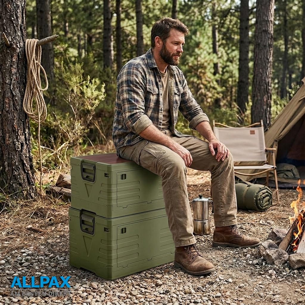 Allpax Outdoor Campingbox faltbar mit Holzdeckel, 30 Liter, olive, 47,5 x 29,5 x 23,5 cm, stapelbare Aufbewahrungsbox für Camping, Auto & Haushalt, Garten, Party & Picknick