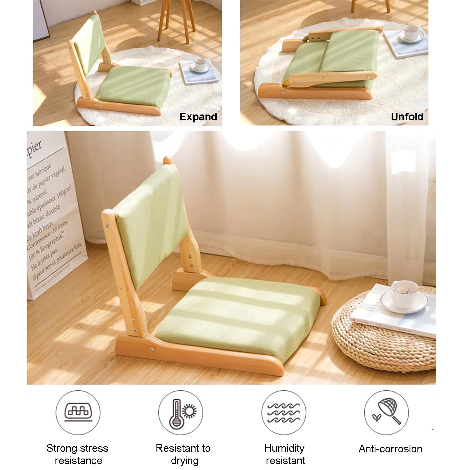 Tatami - Silla de meditación, plegable, estilo japonés, respaldo portátil sin patas para leer, muebles decorativos para relajarse