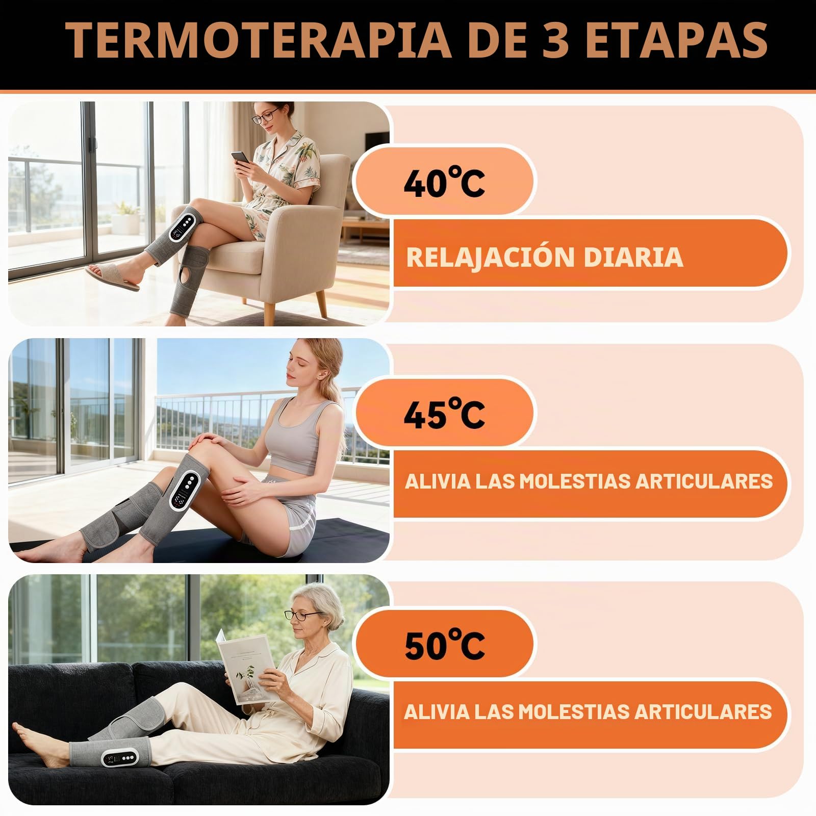 2 Piezas Masajeador Piernas, Masajeador pare Circulacion Piernas, Masaje de Compresión de Aire, 3 modos, 3 intensidades, 3 Niveles de Calor, 2000mAh para Hogar/Oficina/Post-Entrenamiento