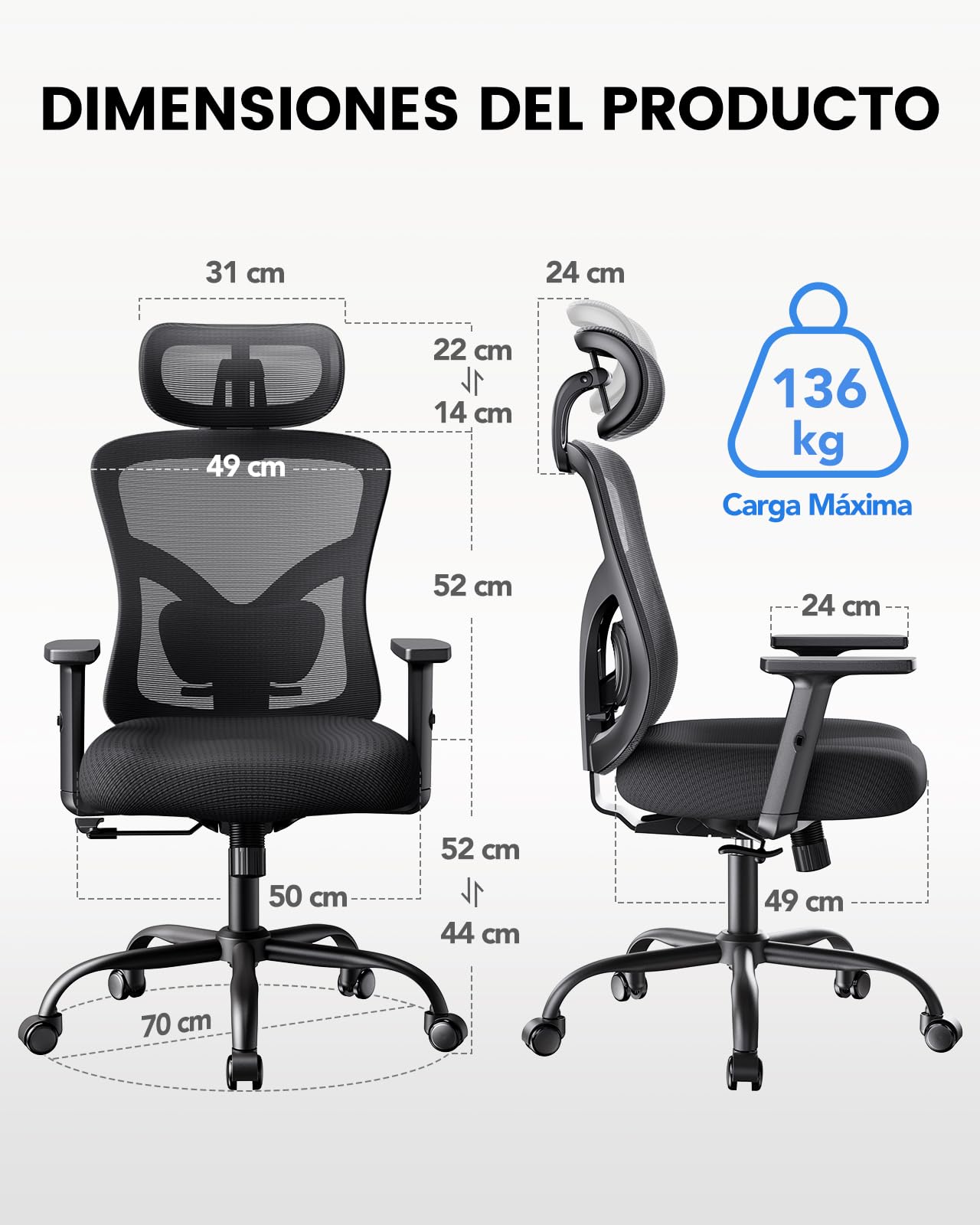 NOBLEWELL sedia da ufficio ergonomica con supporto lombare, poggiatesta 2D, braccioli regolabili, cuscino sagomato, inclinazione a 130°, ideale per ufficio e casa