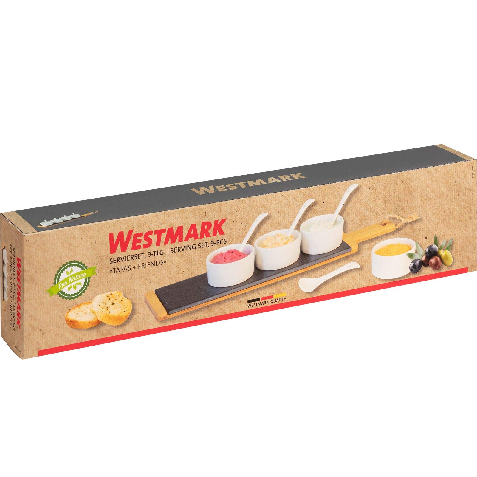 Westmark Set da portata, 9 pezzi, 1 tagliere in bambù/ardesia + 4 ciotole + 4 cucchiai, Ardesia/Bambù/Ceramica, Tapas + Friends, Antracite/Marrone chiaro/Bianco, 69662260