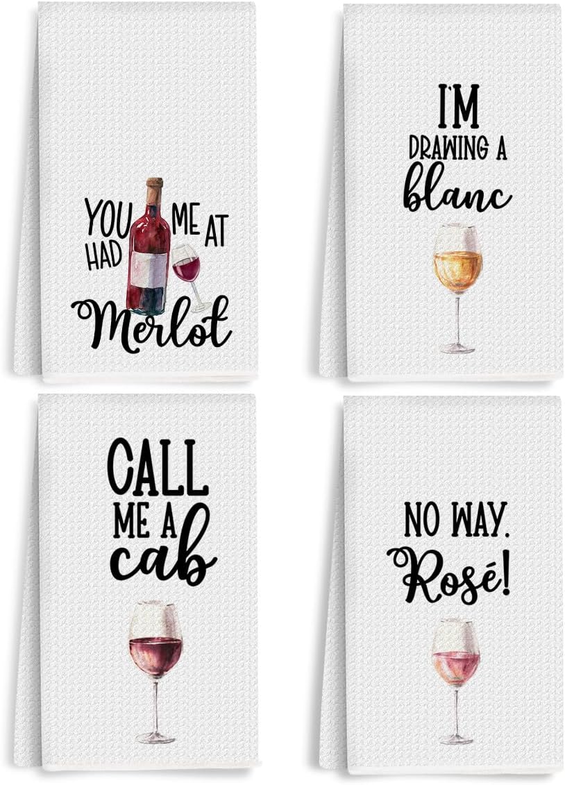 4Pcs Funny Wine Kitchen Towels 24x14 Inch, Merlot Cab Alcohol Decor Waffle Weave Hand Towels for Kitchen Bar, White Absorbent Microfiber Dish Cloth Tea Towel, Housewarming Gifts for Women Hostess