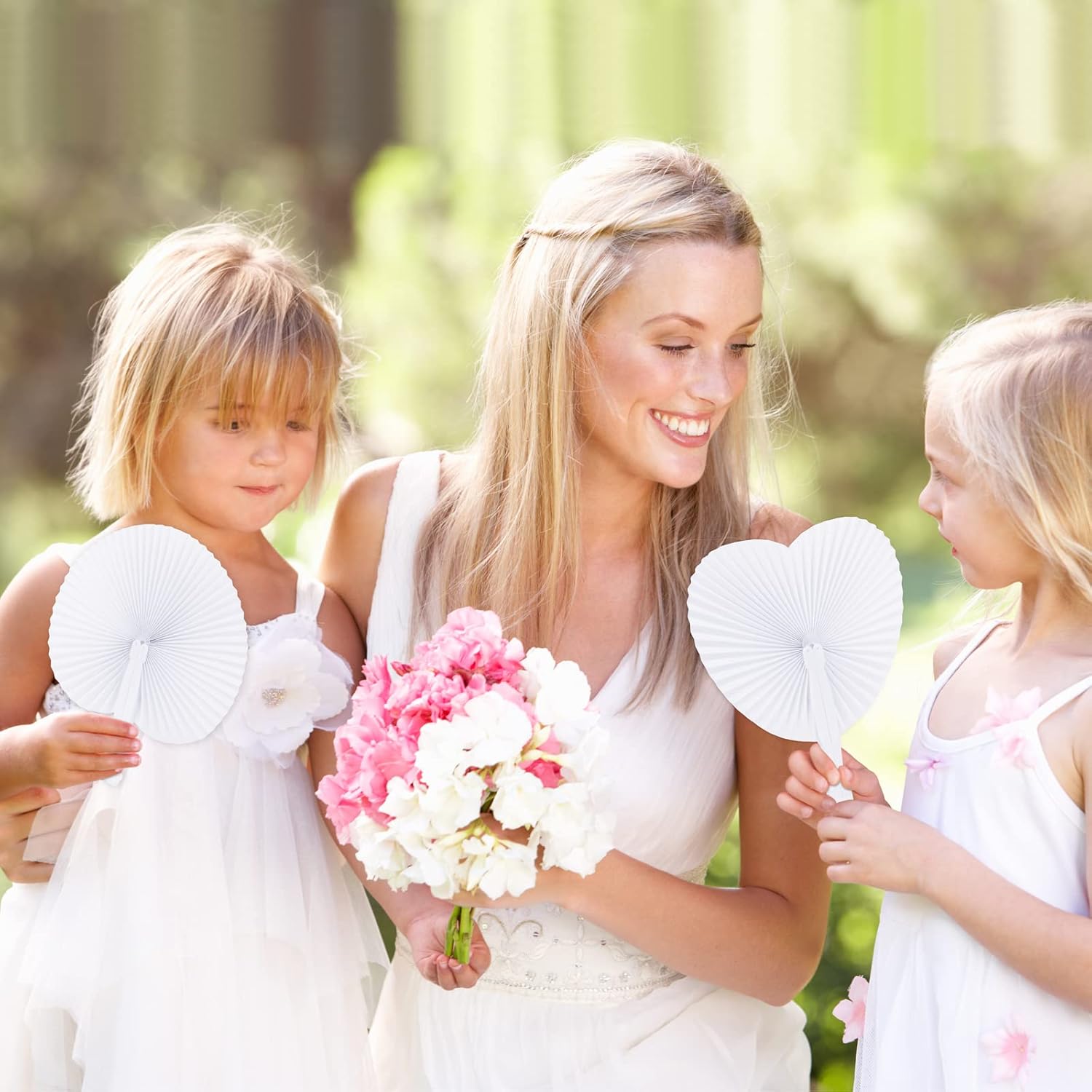 Aodaer 100 Pack White Folding Fans Heart and Round Shaped Folding Fans Handheld Fans with Plastic Handles Decorative Fans for Wedding Birthday Decoration