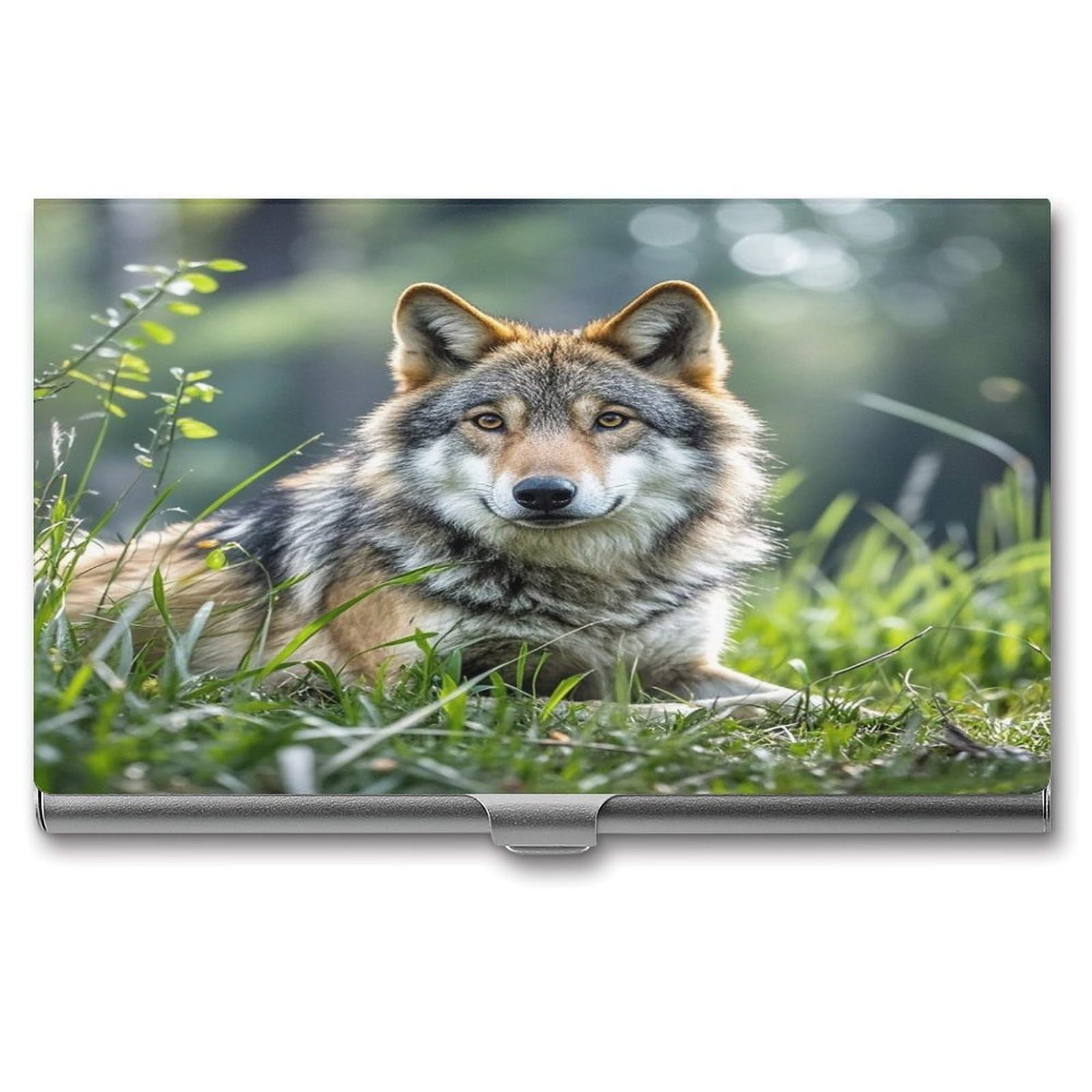 FekiLoot Wolf On The Grass Business Card Holder Aluminum Alloy Business Card Case Convenient to Carry Business Card Dispenser for Men Women