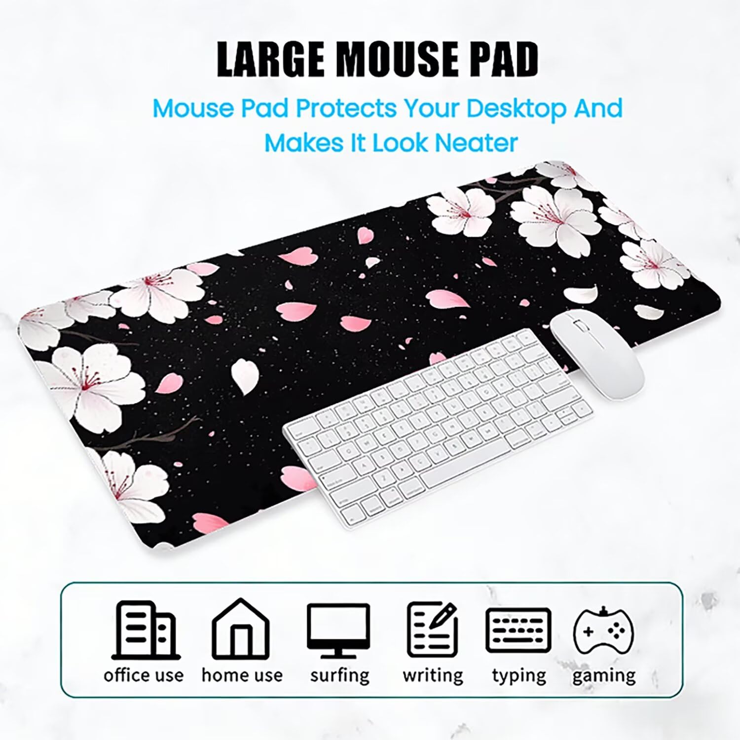 Lejnlnng Podkładka pod mysz do gier XXL, 120 x 60 cm - duża mata na biurko w kwiaty, wodoodporna podkładka pod mysz XL czarna, antypoślizgowa gumowa podkładka pod mysz z przeszytymi krawędziami do