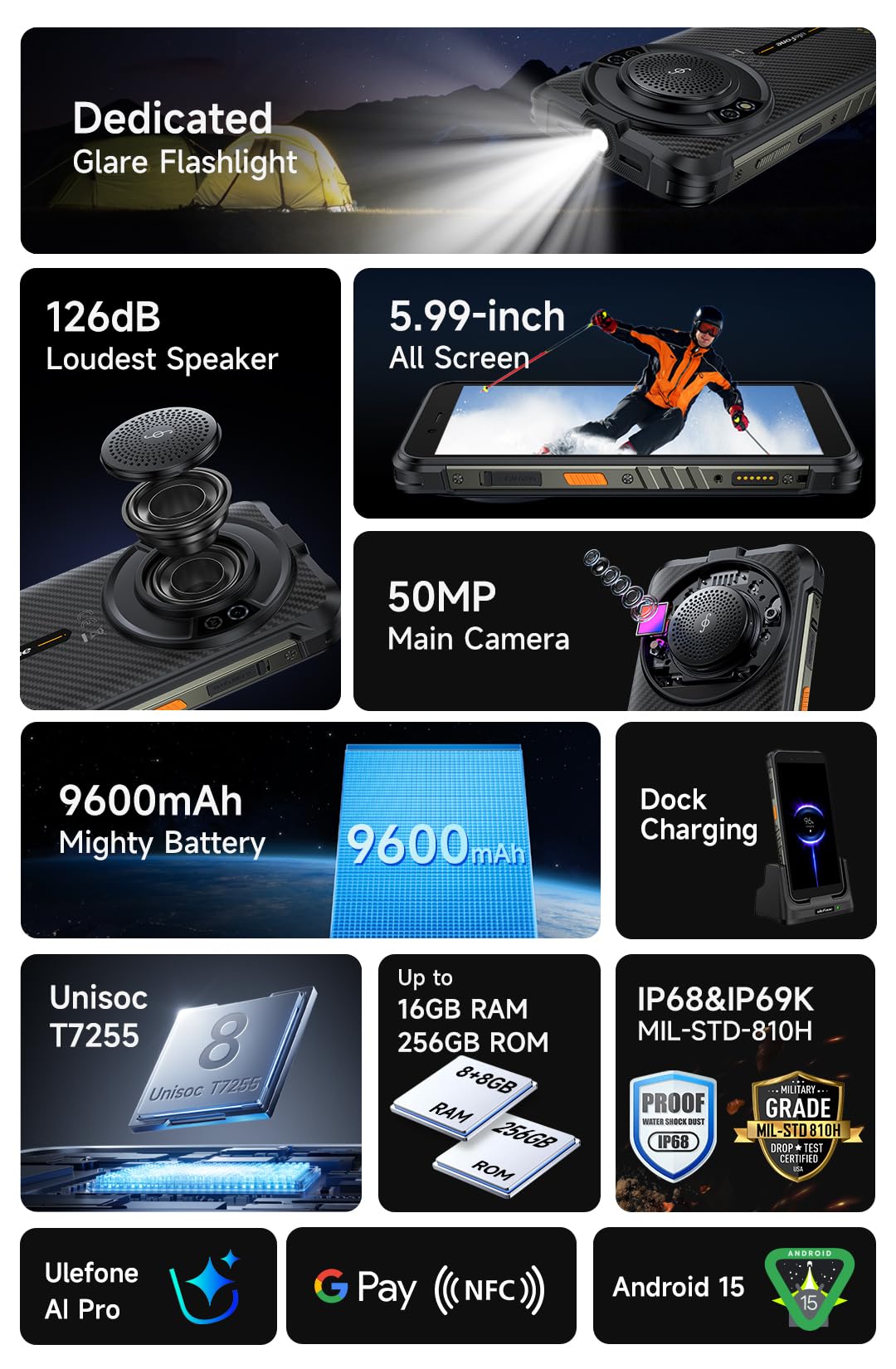 Ulefone RUGKING AI Móvil Rugerizado, Android 15 IA Grabación Llamadas, 126dB Altavoz, Linterna de Alto Brillo, 50MP Cámara, 16GB+256GB, 5,99" HD+(910nits), Teléfono Resistente IP68, 9600mAh, GPS NFC