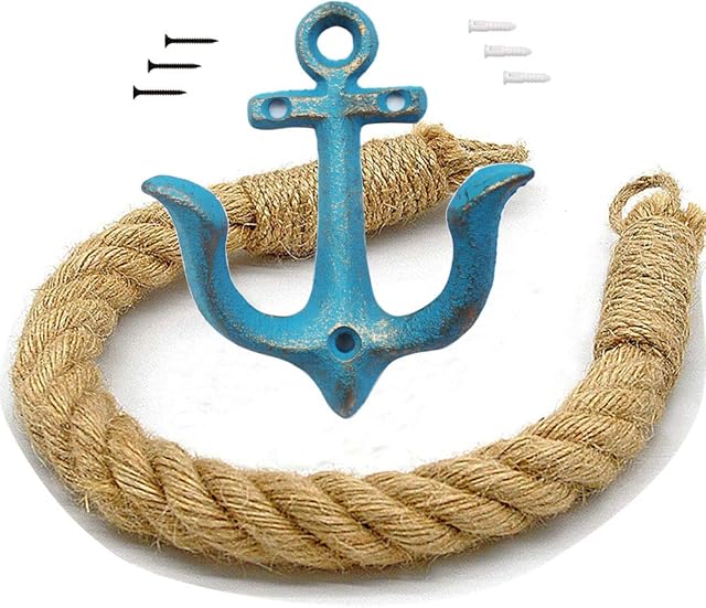 KiaoTime Nautical Rope Toilet Paper Holder Antique Bathroom Towel Holder Tie-back Curtain Rack Wall Mounted Metal Anchor Hook Design for Beach Themed Bathroom Decor
