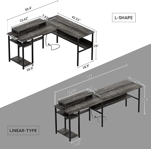 Miniatura 3 de Unikito Escritorio reversible en forma de L con tomas de corriente y luz LED RGB, escritorio robusto para computadora con soporte ergonómico para