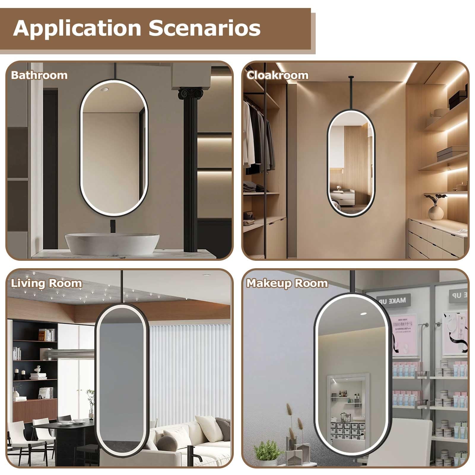 Specchio galleggiante con luci, da soffitto, in metallo, per trucco, elegante decorazione funzionale per spazi moderni, 40 x 70 cm, perfetto per uso domestico