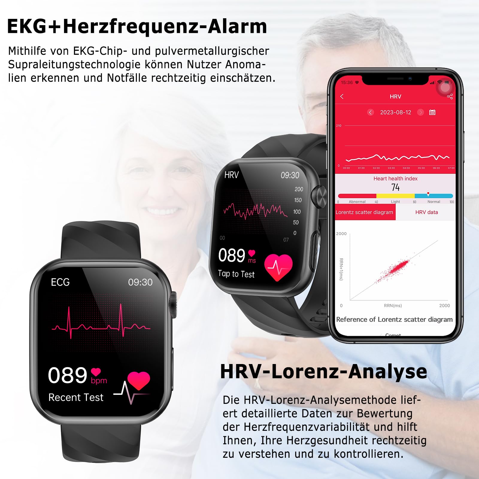 2026 Neu Smartwatch EKG+HRV/Blutdruckmessung/Harnsäure/BMI Herren Damen 1,97"AMOLED Gesundheitsuhr mit Telefonfunktion 24H Herzfrequenz Blutdruck Körpertemperatur SpO2, Schlaf-Monitor Fitnessuhr