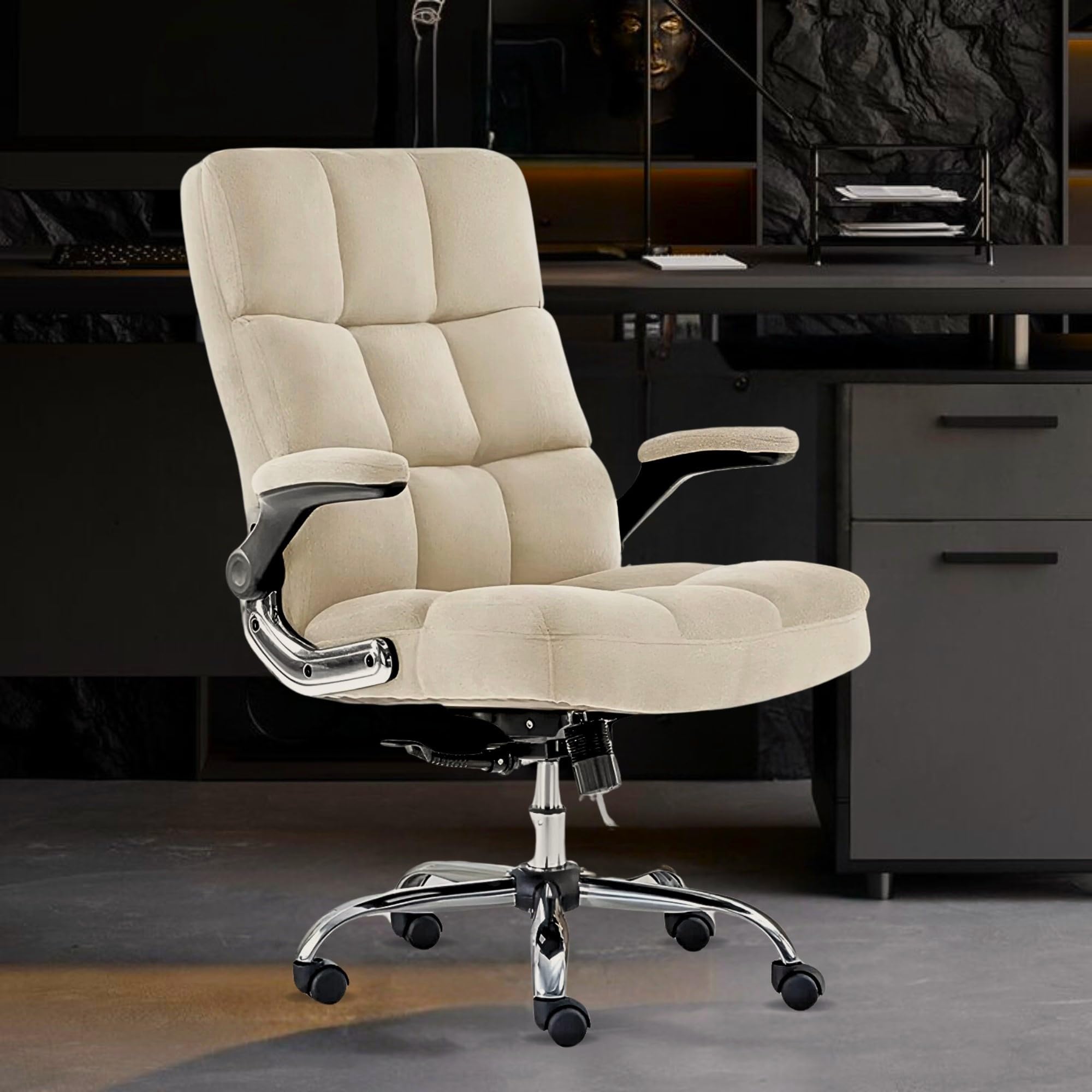 Lakdi Premium Velvet High Back Office Chair - Adjustable Tilt, Flip-Up Arms, Ergonomic Design, Thick Padding, Light Beige Executive Chair (B0CT91TBN6) Amazon Price History, Amazon Price Tracker