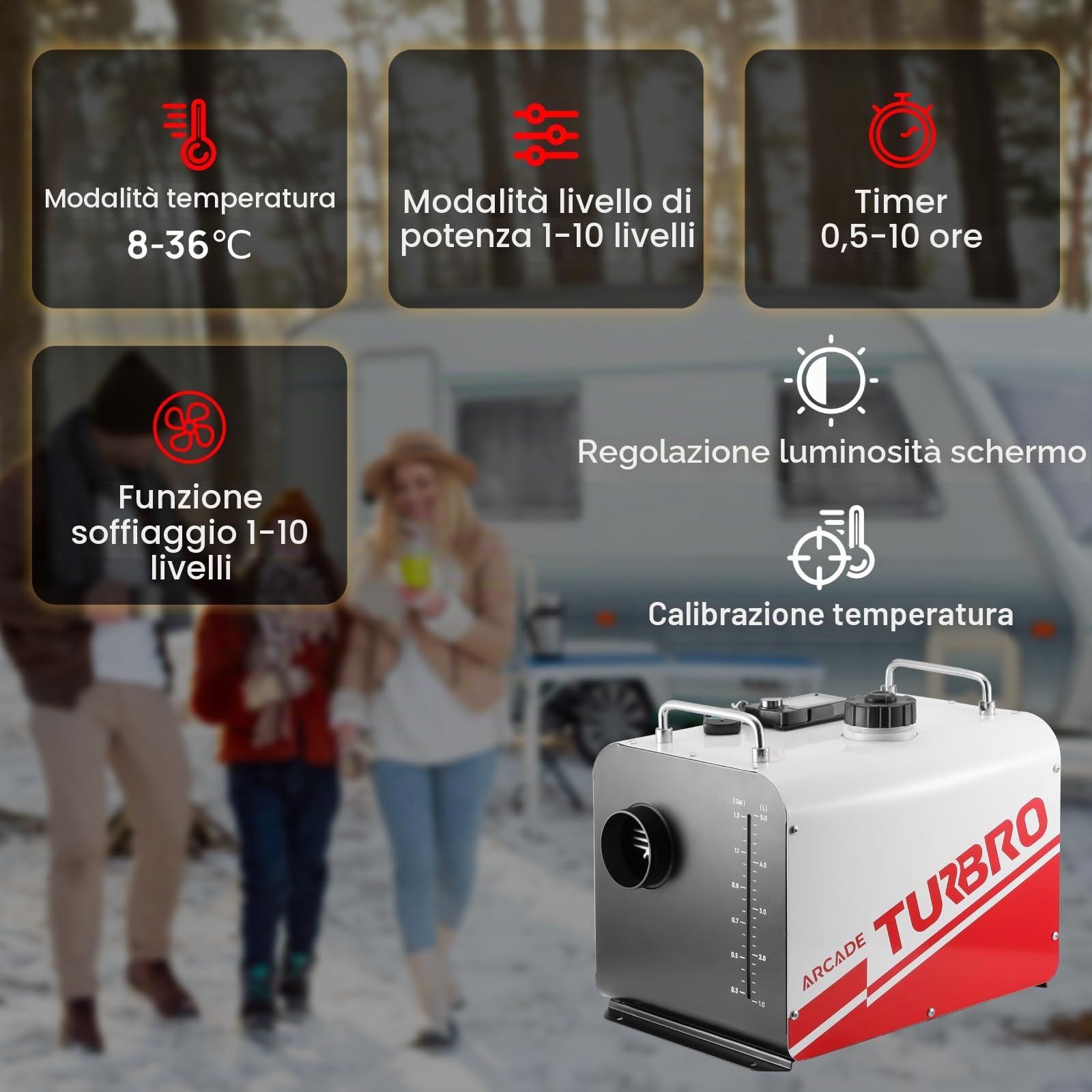 TURBRO Riscaldatore a Diesel, 8kW, Serbatoio di 5L | Compatibile 12V/24V, App Bluetooth e LCD, Timer Programmabile, Avviamento -40°C, Modalità Altitudine