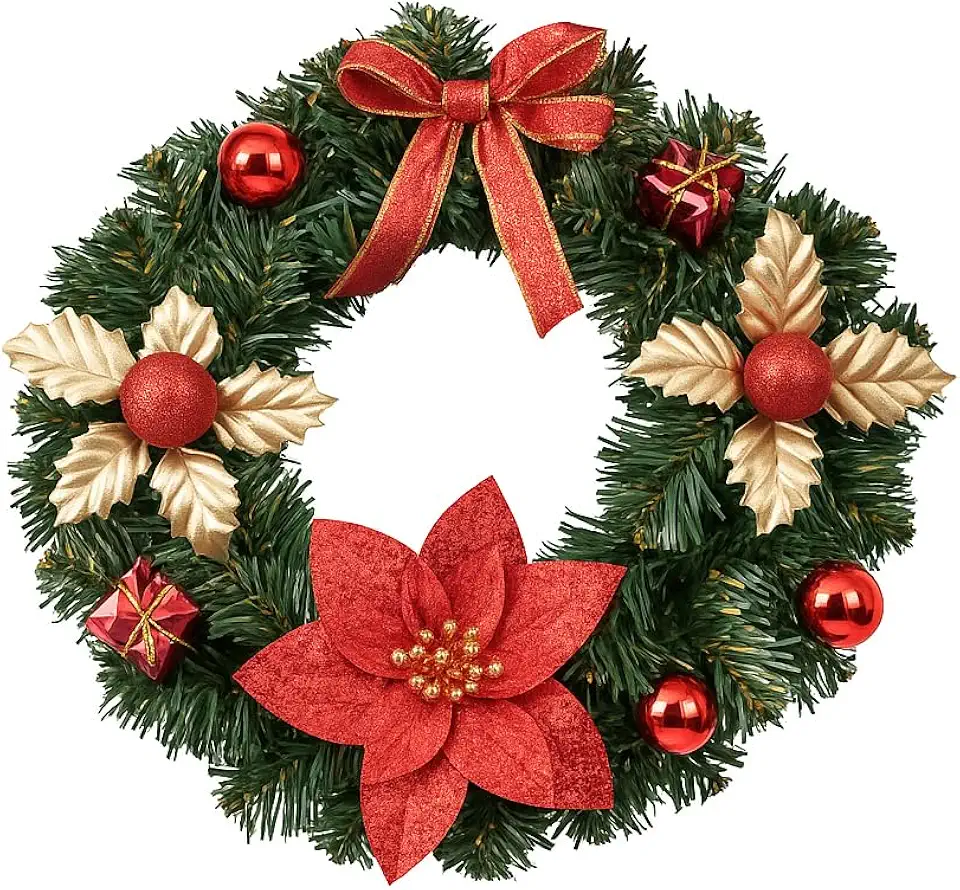 Guirlanda Natalina Decorativa, 30x30 cm, com Folhagem Verde, Flores, Laço, Bolas e Presentes, em Cores Vermelho, Champagne e Dourado (Vermelho)