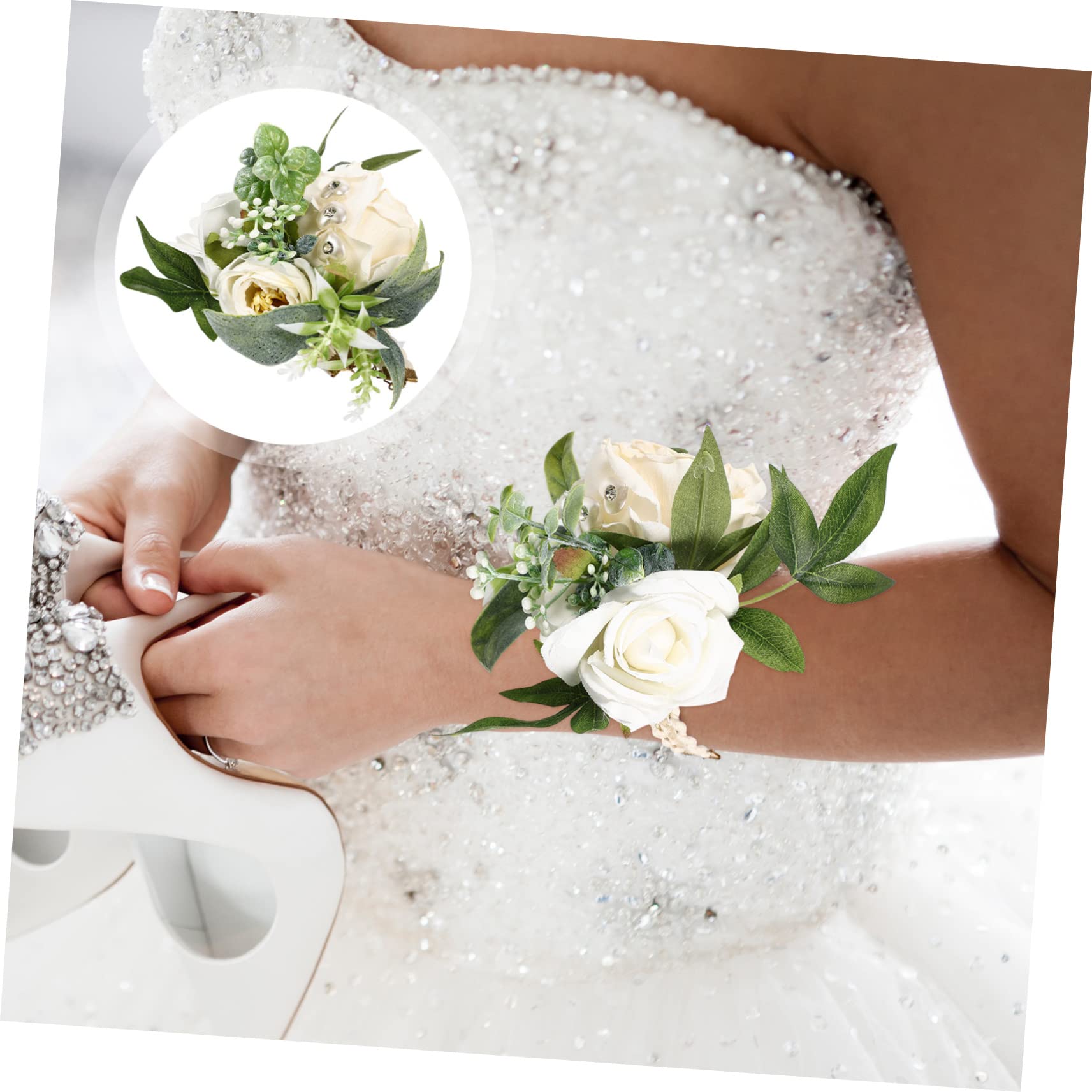 ABOOFAN 5 Pz fiore del polso mazzolino fascia e velo della sposa vestito damigelle abito elegant matrimonio braccialetto da damigella d'onore braccialetto fiore da polso plastica bianca