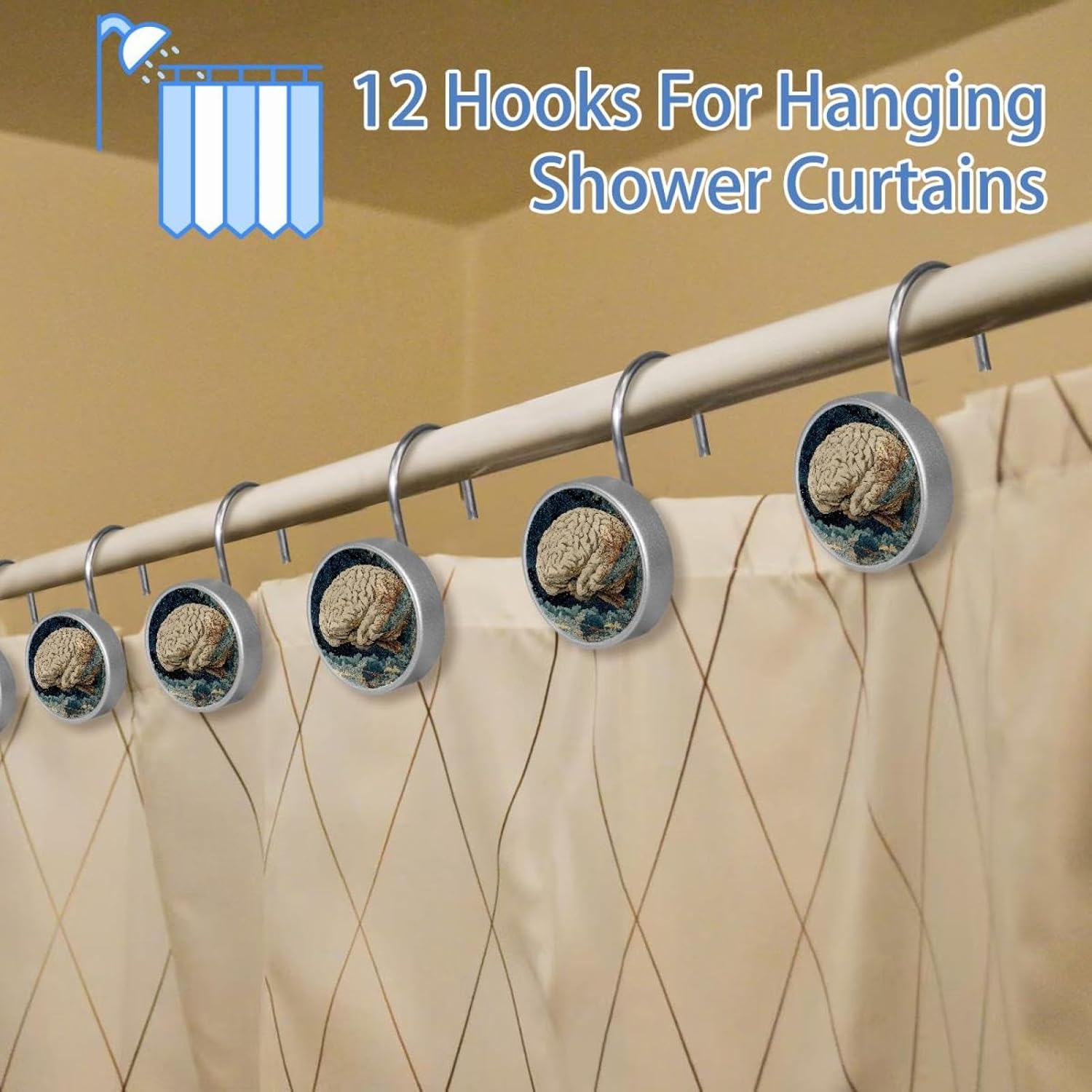 12PCS Brain Shower Curtain Hooks Rings for Bathroom, Decorative Shower Curtain Hooks Rods Curtains and Liner