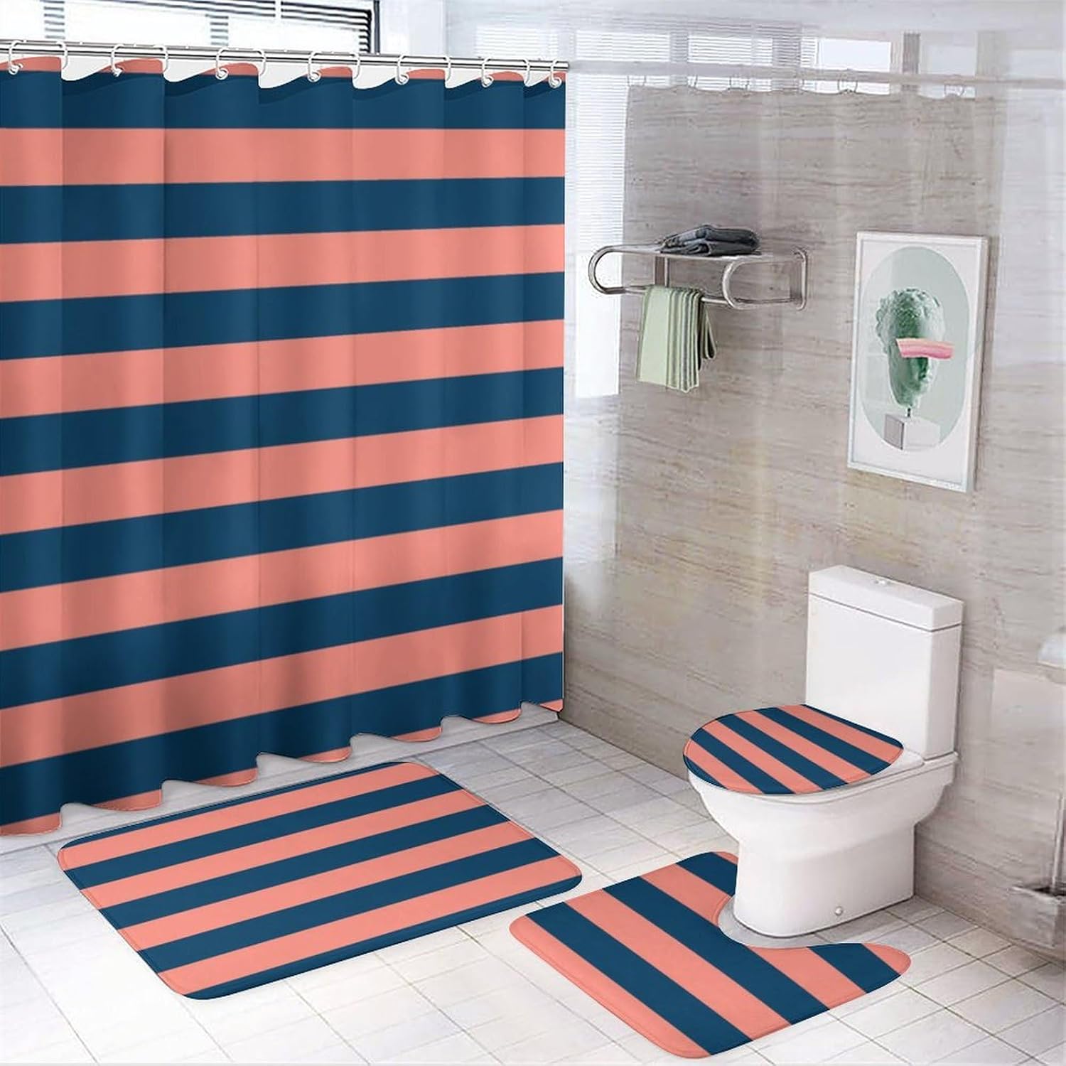 4Pcs Shower Curtain Sets, Coral and Navy Stripes Bathroom Sets with Non-Slip Bath Rugs, Toilet Lid Cover & U Shape Mat, Waterproof Shower Curtain with 12 Hooks, 72"x72"