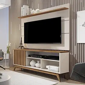 Rack com Painel para Tv 60 Polegadas Pés Madeira Maciça Ripado Off White/Freijó Retrô Malbec Off White/Freijó