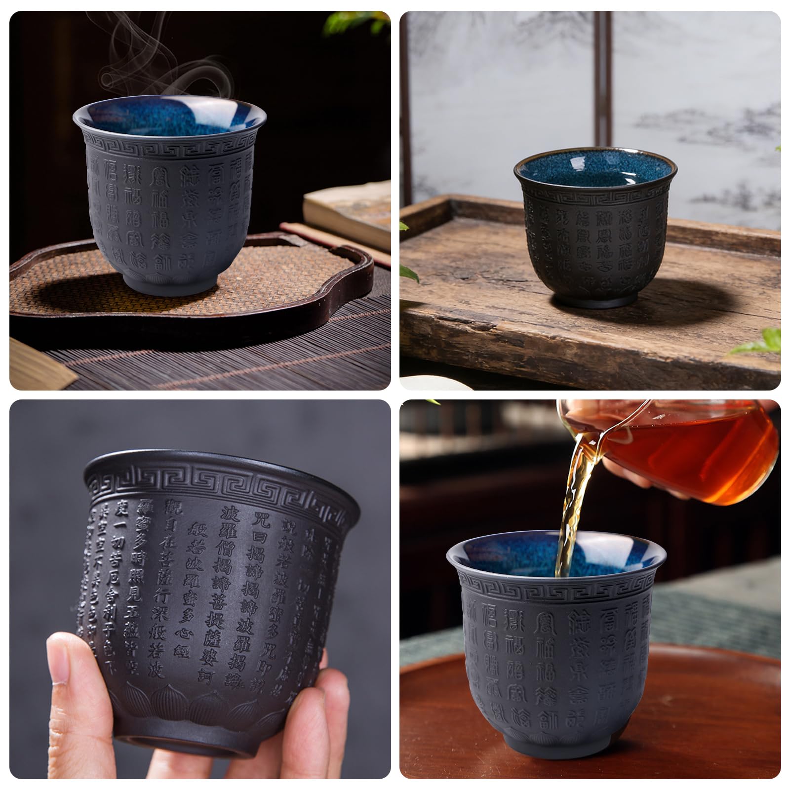 4 tazze da tè giapponesi, 165 ml, tazze da tè asiatiche, cuore buddista Sutra, in ceramica, con motivo a forma di cuore, viola, per tè, sake, espresso, caffè, tazza da tè in rilievo