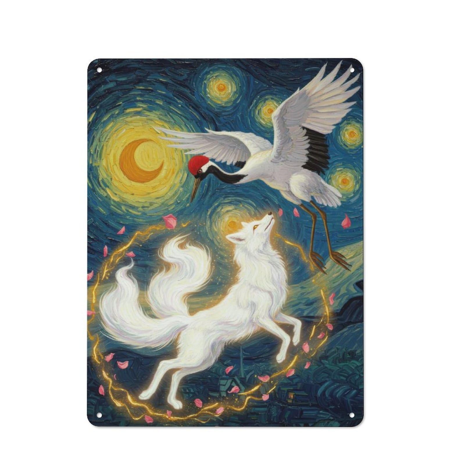 Junmoney Crane, Fox, And Starry Night Retro Retro Metal Sign 40X30cm Featuring Old Style Wall Plaque For Lounge, Study, Pub Or Wall Gallery
