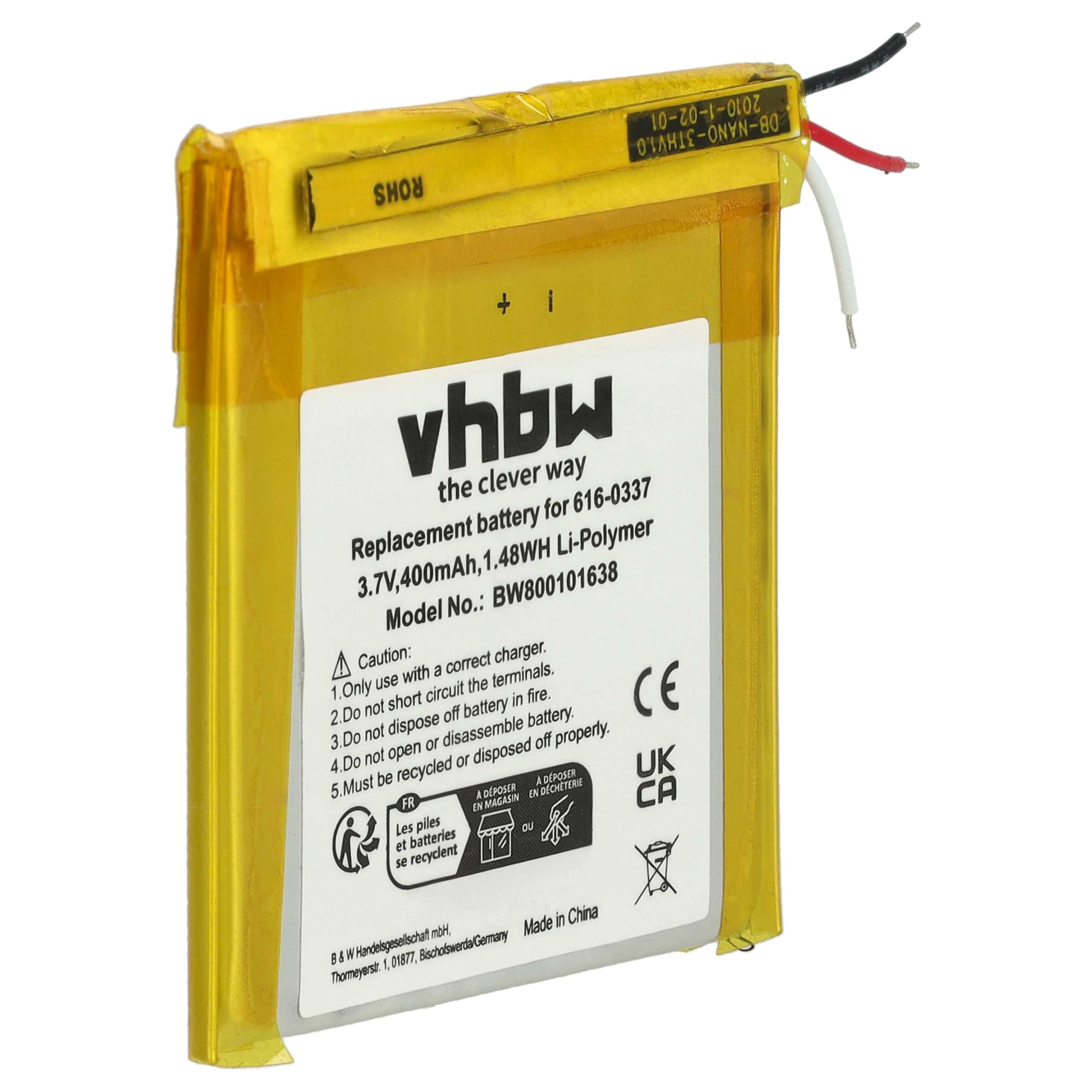 vhbw Bateria kompatybilna z Apple iPod Nano 3G 4GB, 3G, 3rd 8GB, 3.generation, 3. 4GB odtwarzacz muzyczny MP3 (450 mAh, 3,7 V, litowo-polimerowy)