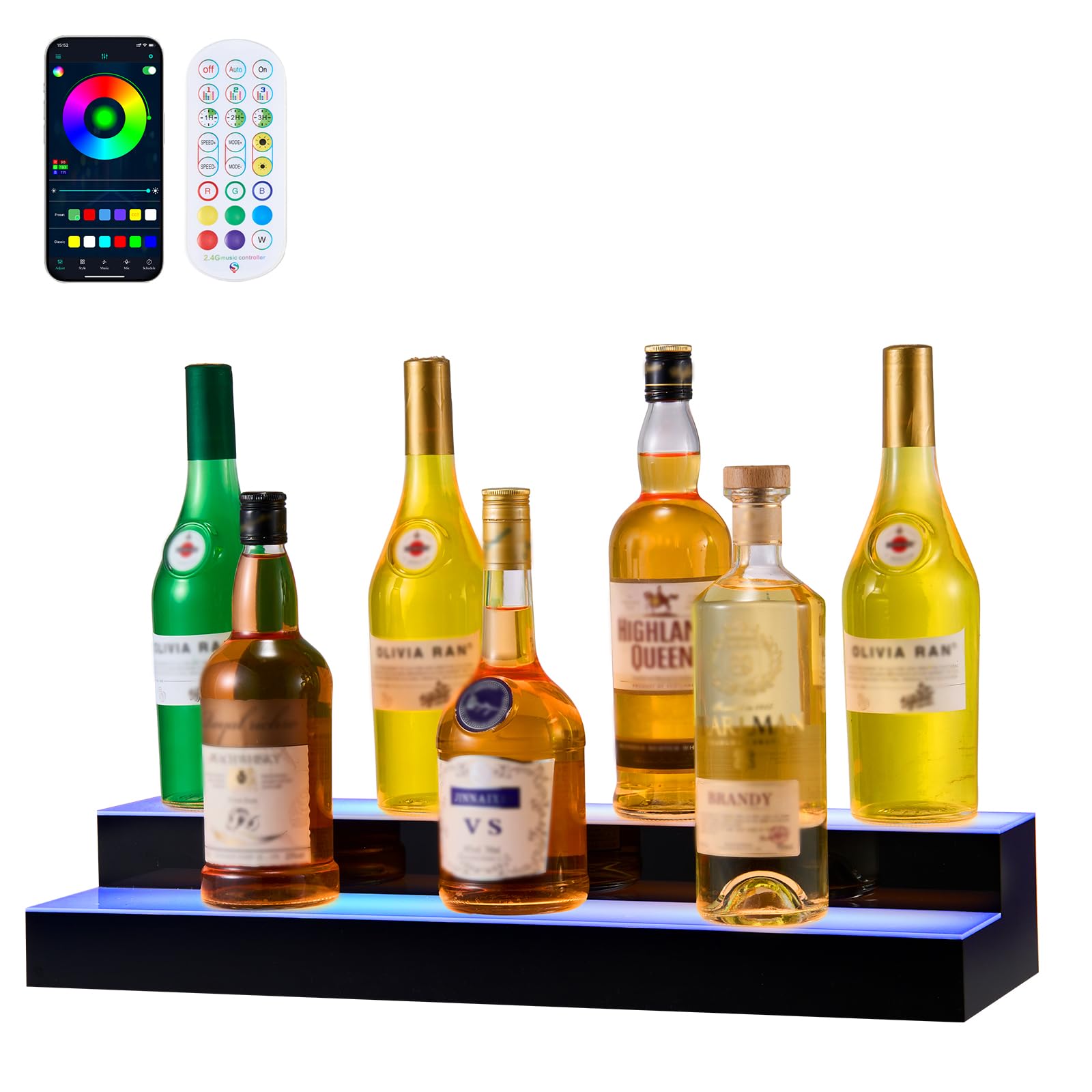 VEVOR LED Lighted Liquor Bottle Display, 2 Tiers 24 inches, Supports USB, Acrylic Illuminated Home Bar Shelf Display with RF Remote &amp; App Control, 9 Static Colors, Timing Mode, for 12-16 Bottles