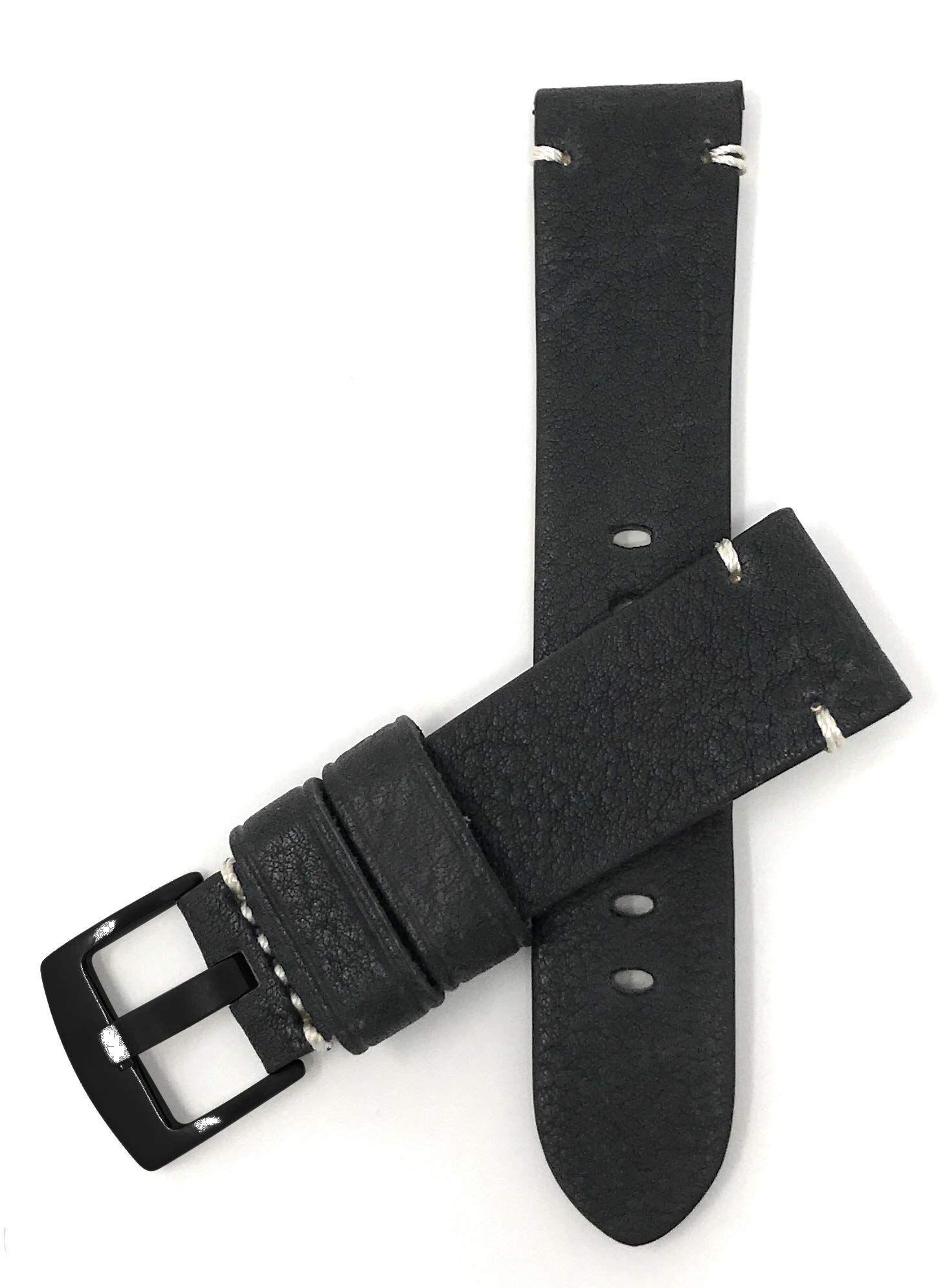 Bandini 20mm Mens Vintage Genuine Leather Watch Band Strap - Black - Minimal Stitch - Black Buckle