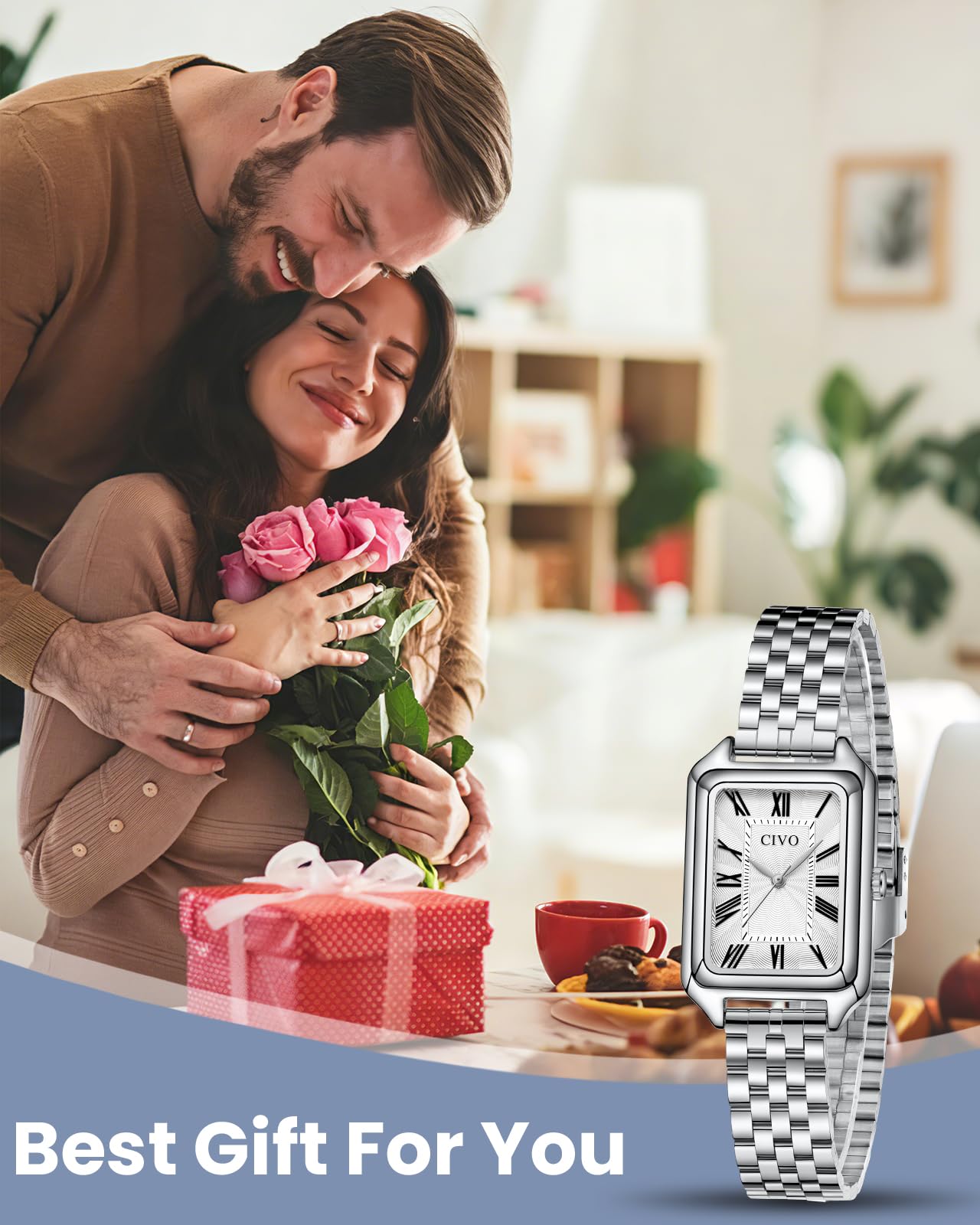 CIVO Reloj Mujer Vintage Rectangular: Esfera Números Romanos con Acero Inoxidable Dorado Plateado - Relojes de Pulsera Analogico de Cuarzo para Mujeres Regalo Aniversario