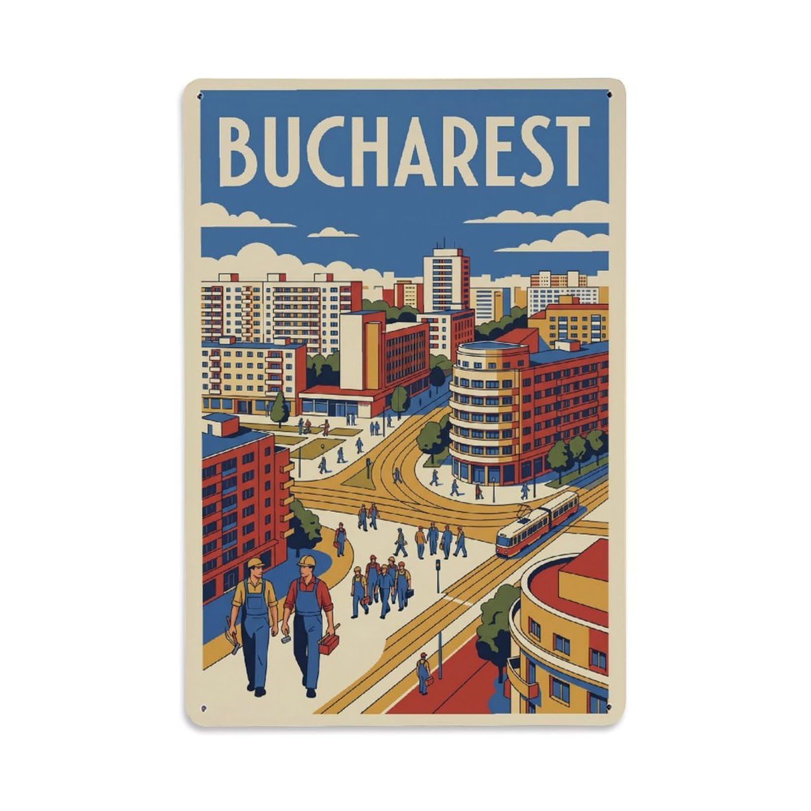 Vintage Travel Bucharest Piata Muncii Clean Romania Metal Tin Sign Plaque Wall Decor for Cafe, Club Bar, Office, Home Garden Metal Poster 8x12Inch