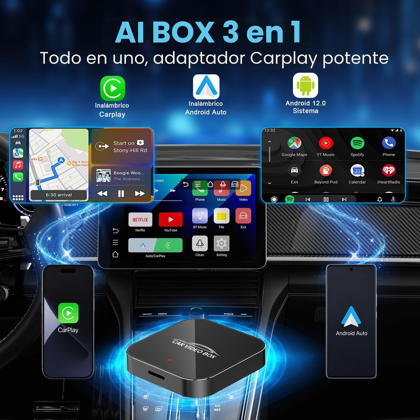 3 en 1 Magic Video Box – Wireless CarPlay & Android Auto Adapter con Netflix, Youtube, TikTok, Soporte para Tarjeta TF, actualización inalámbrica, CarPlay AI Box para vehículos Desde 2016