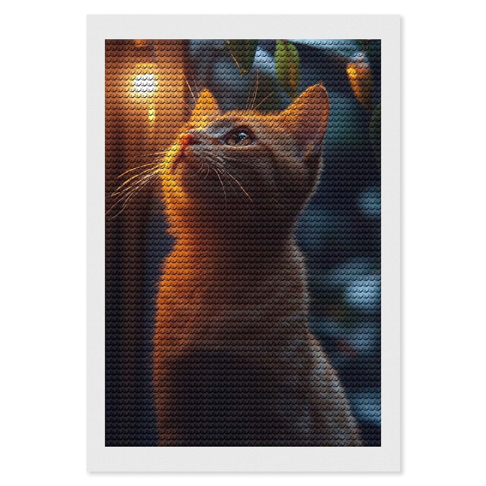 Junmoney Ginger Cat Gazing at Light Round Drill Diamond Painting 8"x12", Satisfying Creative Project, Complete Accessories, Printed Canvas