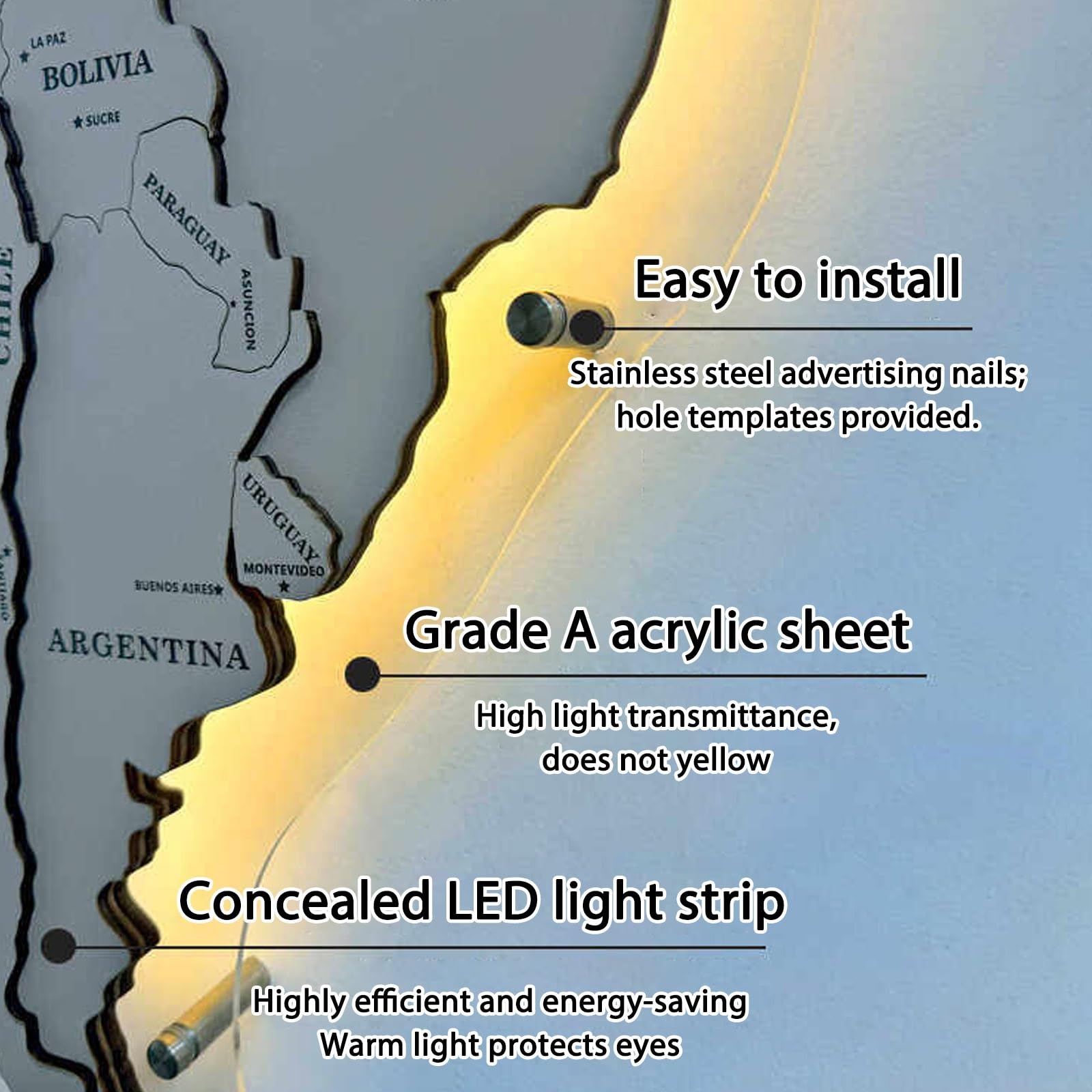Mappa del mondo in legno con LED 3D, decorazione murale illuminata con retro in acrilico, grande decorazione da parete per casa e ufficio, 300 x 170 cm / 118.1x66.9in