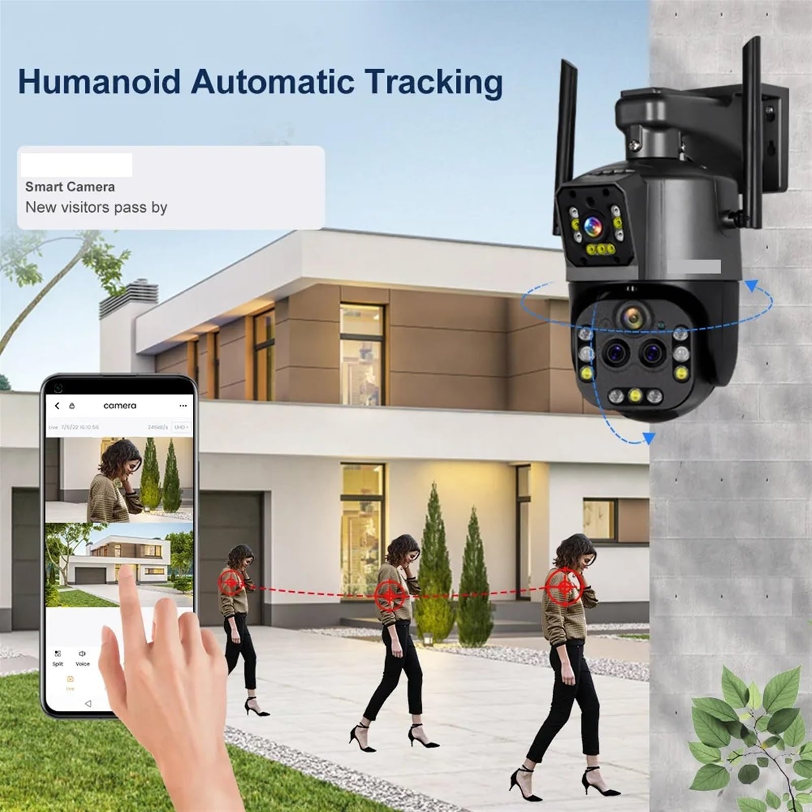 Kamera bezpieczeństwa, Kamera 8K na zewnątrz 20X Zoom cztery obiektywy podwójny ekran kamera bezpieczeństwa PTZ Monitor CCTV automatyczne śledzenie monitorująca(4K No Zoom Add 32G)