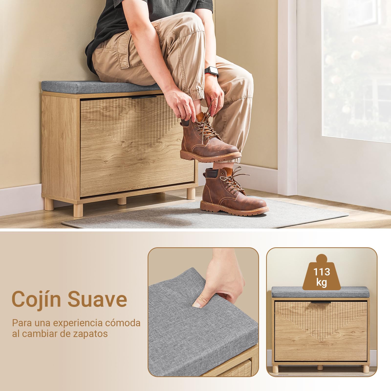 SoBuy Banco Zapatero con Asiento y Almacenaje - Zapatero Entrada Recibidor Compacto con Cojín Gris y Acabado Madera Clara Dormitorio y Recibidor, 60x24x50cm, Capacidad 118kg, FSR199-N