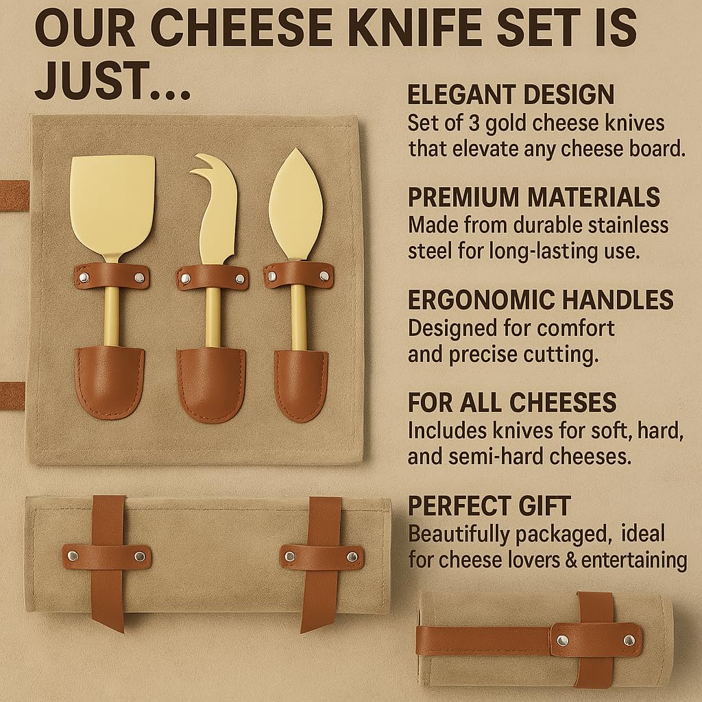 Sweet Lassi Cheese Knives Set: Stainless Steel Gold 3-Piece Knife