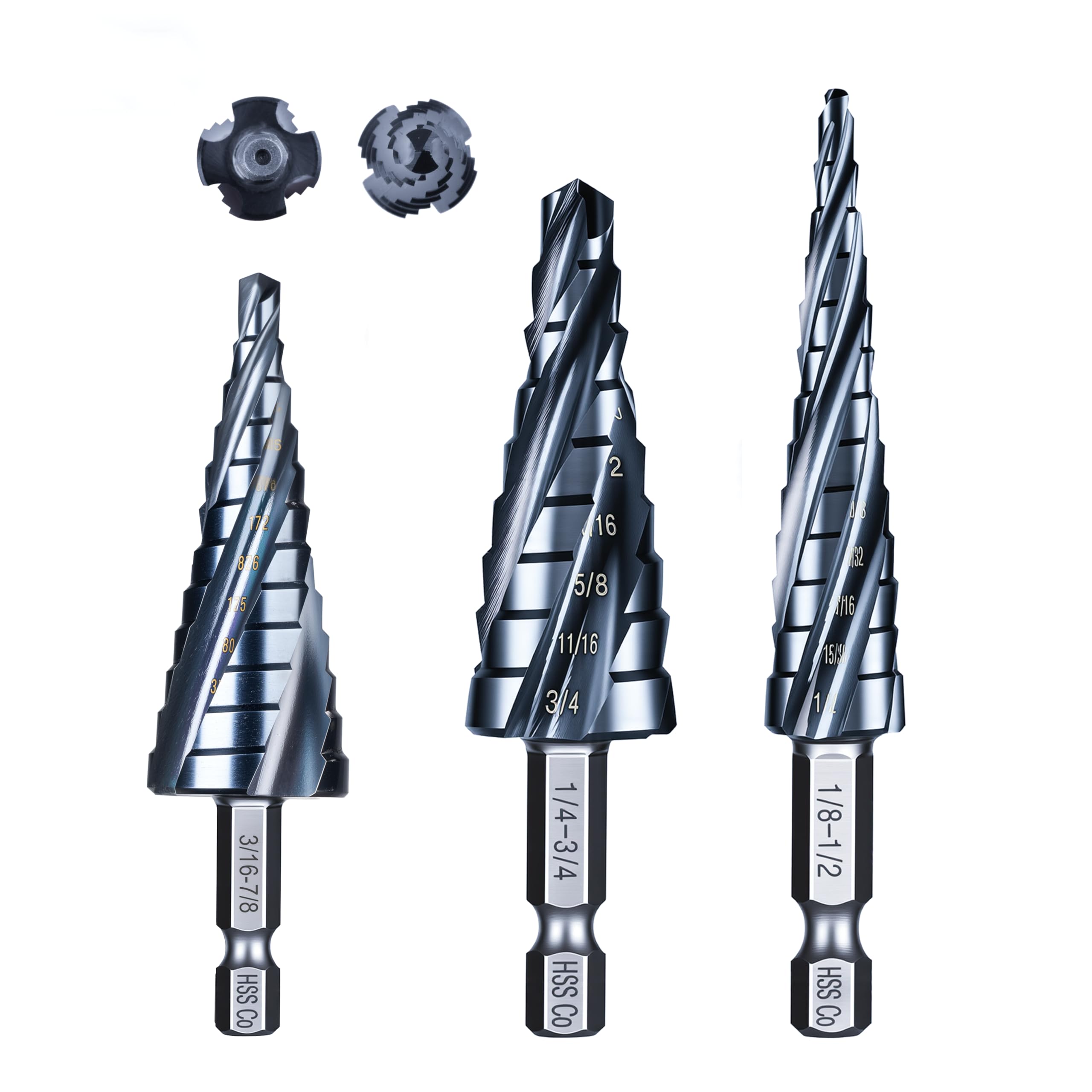 AugTouf Four Spiral Flute Cobalt Step Drill Bit Set(Pro Max), 1/8"-7/8"(3pcs) Impact Ready Four-Flute Step Bit, 1/4" Hex Shank Unibit Step Bit for Metal, Stainless Steel, Aluminum, Wood, Plastic โ image 1